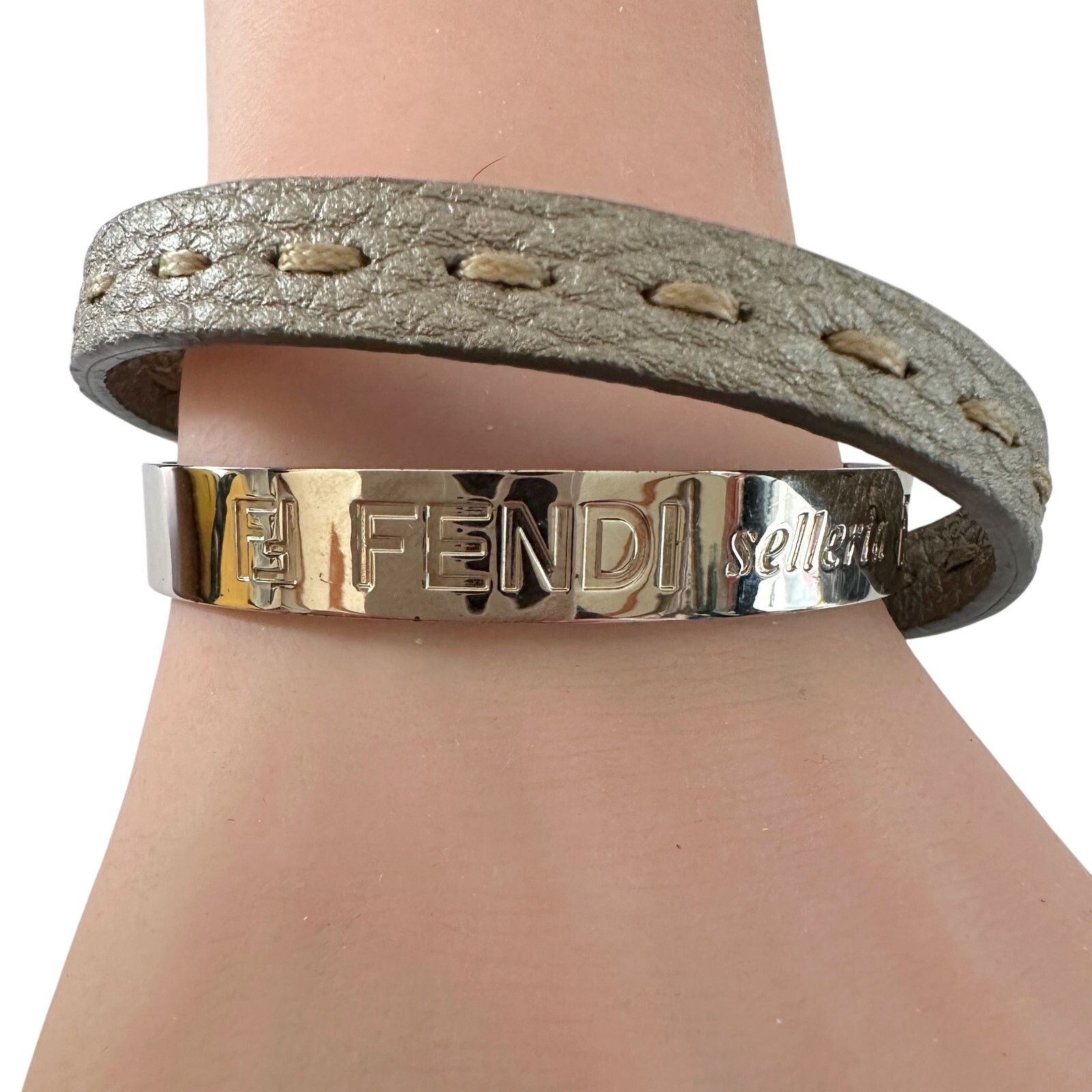 Fendi Fendi Selleria Metallic Cuff w Leather Double Wrap Bracelet Size ONE SIZE - 14 Thumbnail