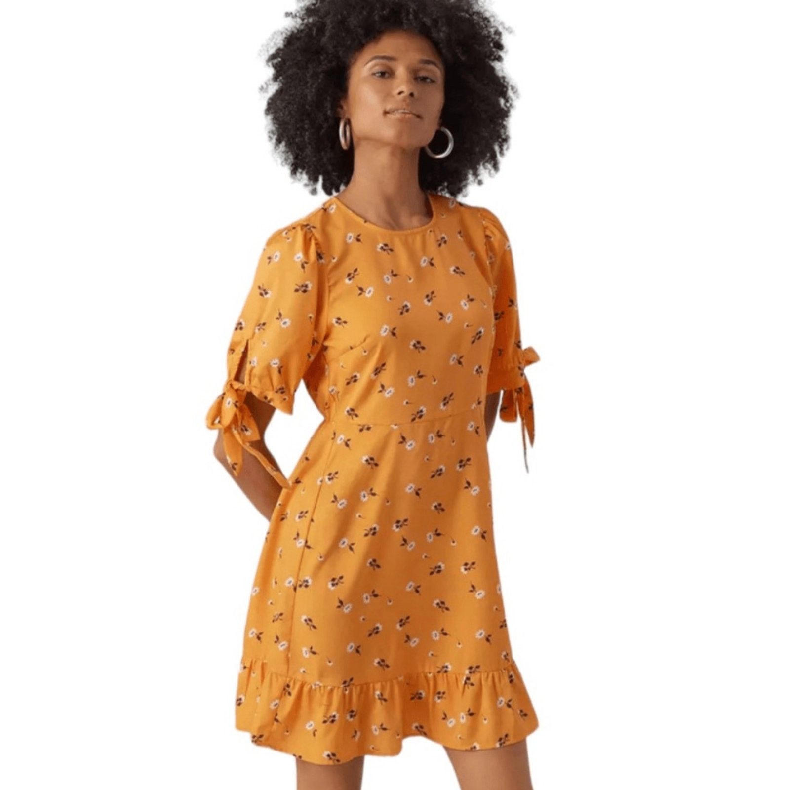 Other Vero Mada Women Orange Floral Tie Short Sleeve Mini Dress XS Size XS / US 0-2 / IT 36-38 - 1 Thumbnail