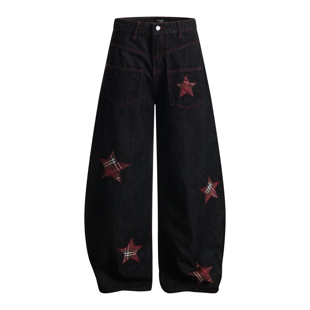 Vintage Men's street plaid embroidered star loose scimitar jeans Size US 32 / EU 48 - 1 Thumbnail