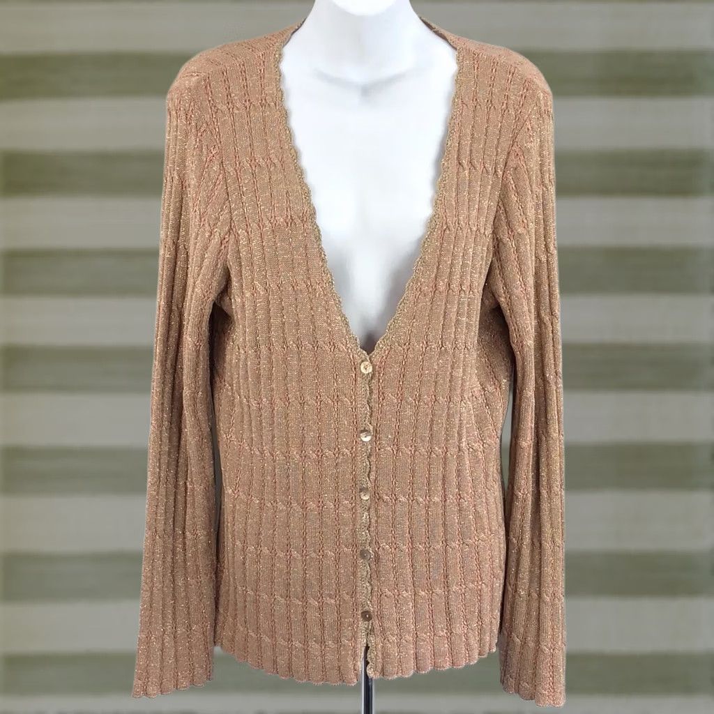 Vintage VINTAGE Stone Silk Knit Cardigan Sweater L Peach Gold Glitter Sparkle Crochet Lagenlook Bohemian City Classic Grunge academia Women Cardigan Size L / US 10 / IT 46 - 1 Thumbnail