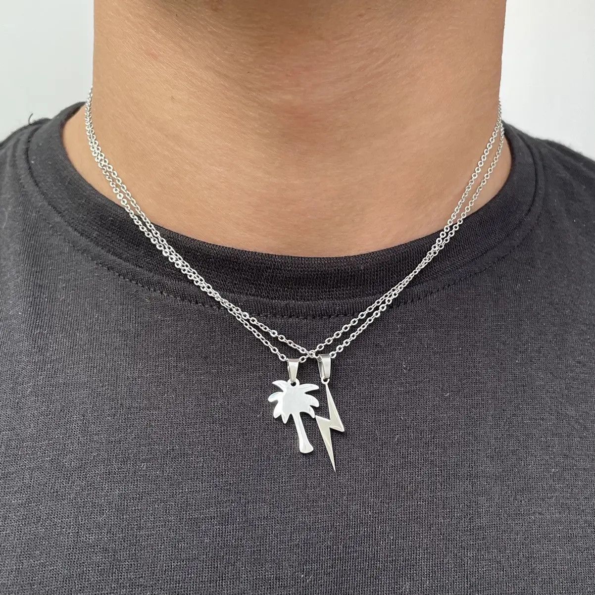 Jewelry Silver color 2 necklaces palm and lightning Size ONE SIZE - 5 Thumbnail