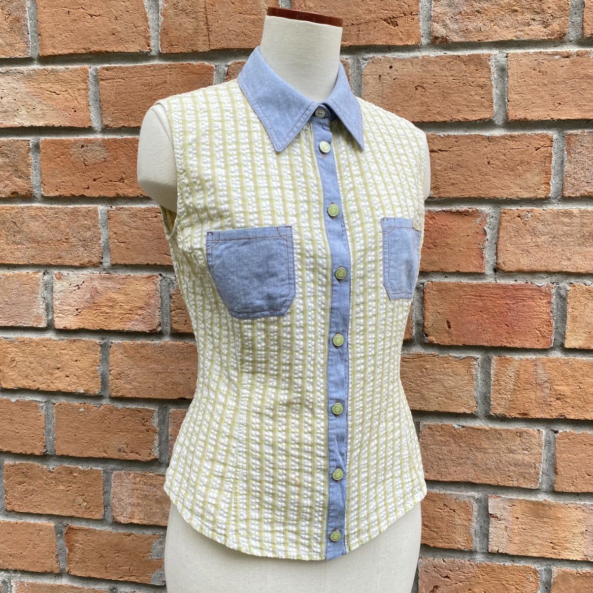 Dolce & Gabbana D&G Green Stripe Sleeveless Blouse with Denim Collar Size M / US 6-8 / IT 42-44 - 4 Thumbnail