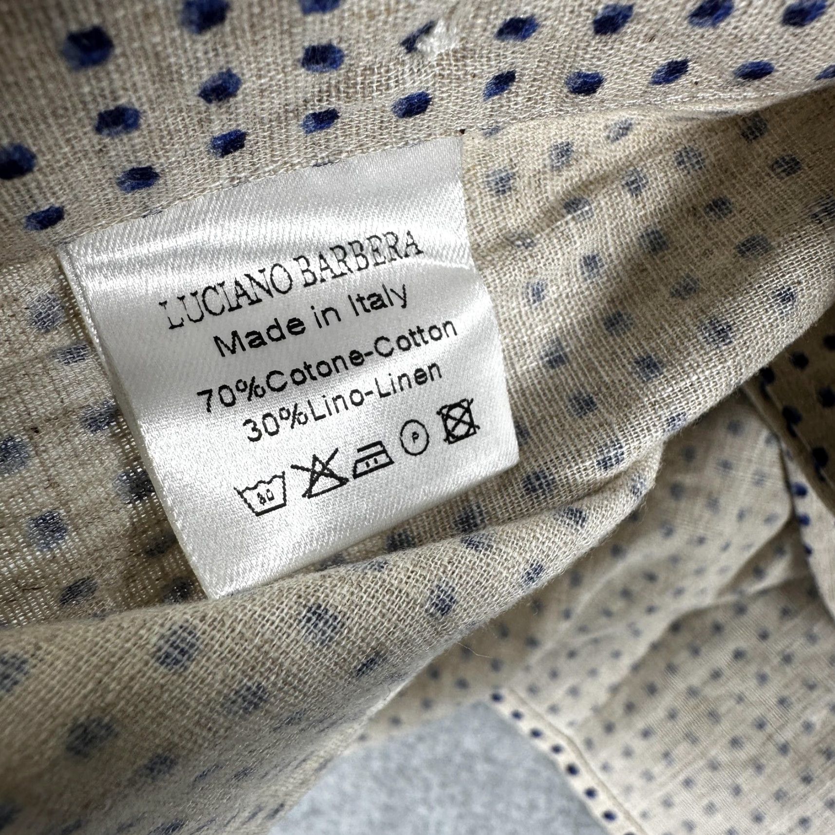Vintage Luciano Barbera Shirt Mens L Beige Blue Polka Dot Cotton Linen Made Italy Size US L / EU 52-54 / 3 - 4 Thumbnail