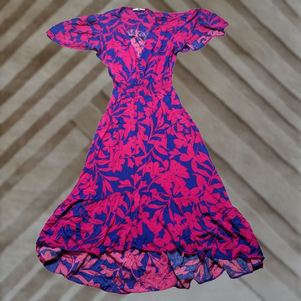 Vintage VINTAGE Abel The Label Pink Blue Floral High Low Smocked Waist Midi Dress Womens Small Size S / US 4 / IT 40 - 1 Thumbnail