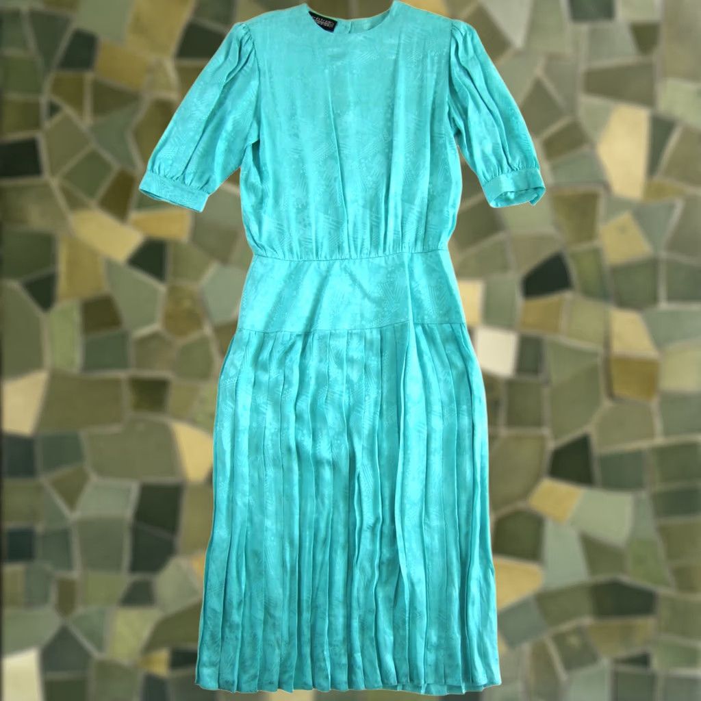 Nordstrom VINTAGE Nordstrom Point of View 100% Silk Teal Blue Short Sleeve Pleat Midi Dress 14 Size 36" / US 14 / IT 50 - 1 Thumbnail