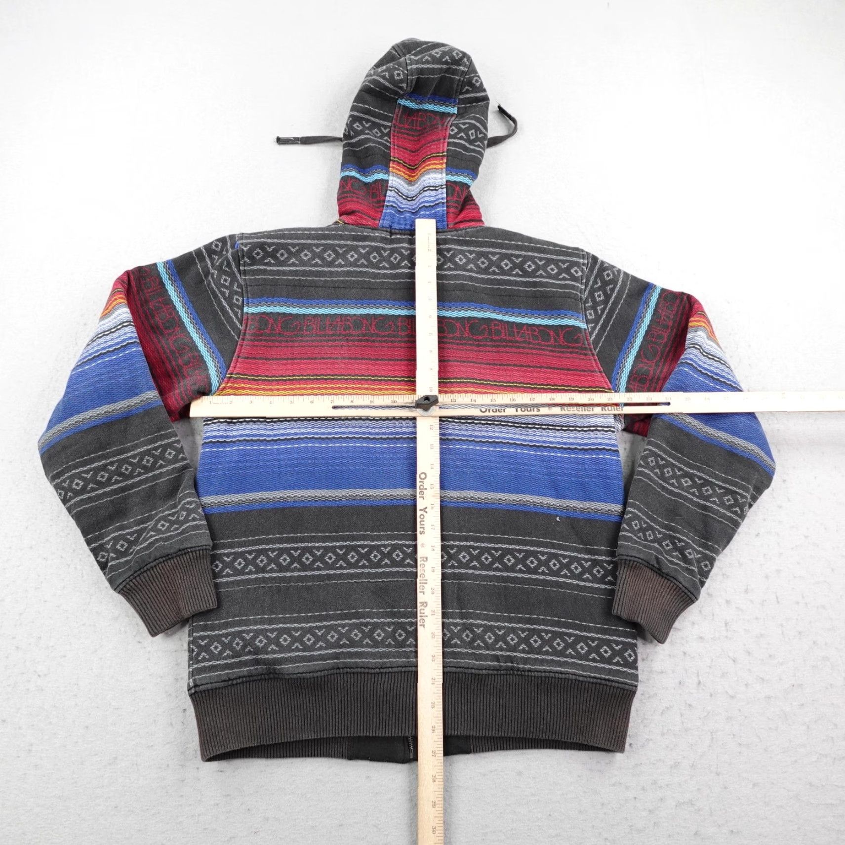 Billabong Jacket Mens M Gray Aztec Stripe Sherpa Fleece Lined Hooded Zip Up