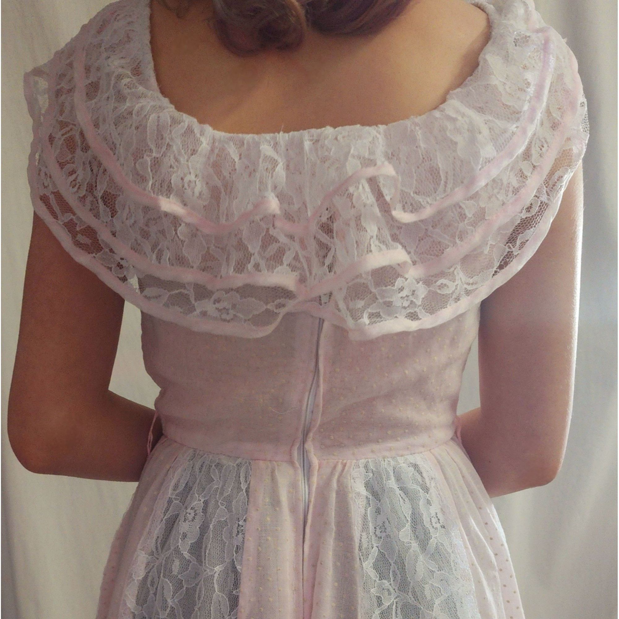 Handmade Vintage Prom Dress Halloween Costume Pink Lace Handmade Prai Size XXS / US 00 / IT 34 - 4 Thumbnail