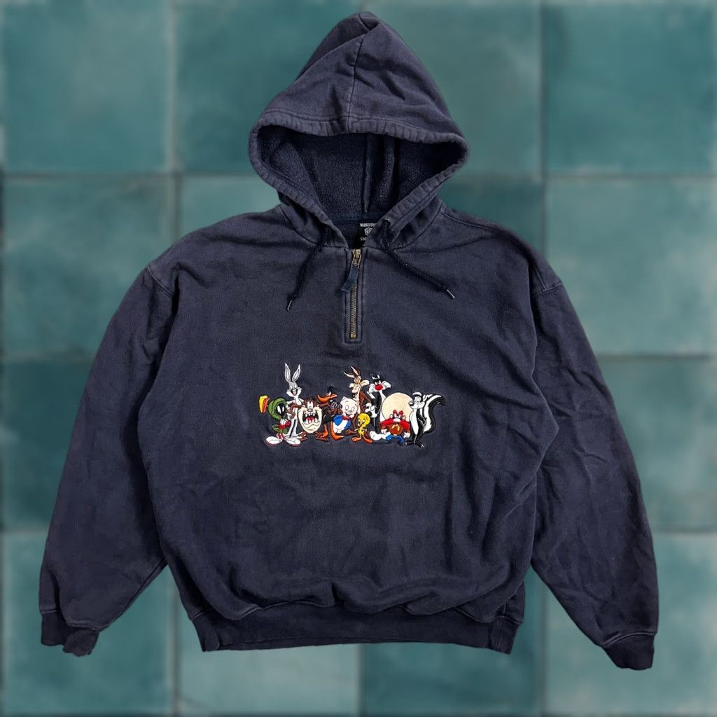 Vintage VINTAGE Warner Bros Studio Store Embroidered Looney Tunes Quarter Zip Hoodie M Blue Bugs Bunny Unisex Adults Hoodie 90s Cartoon Theme Mens Womens Size US M / EU 48-50 / 2 - 1 Thumbnail