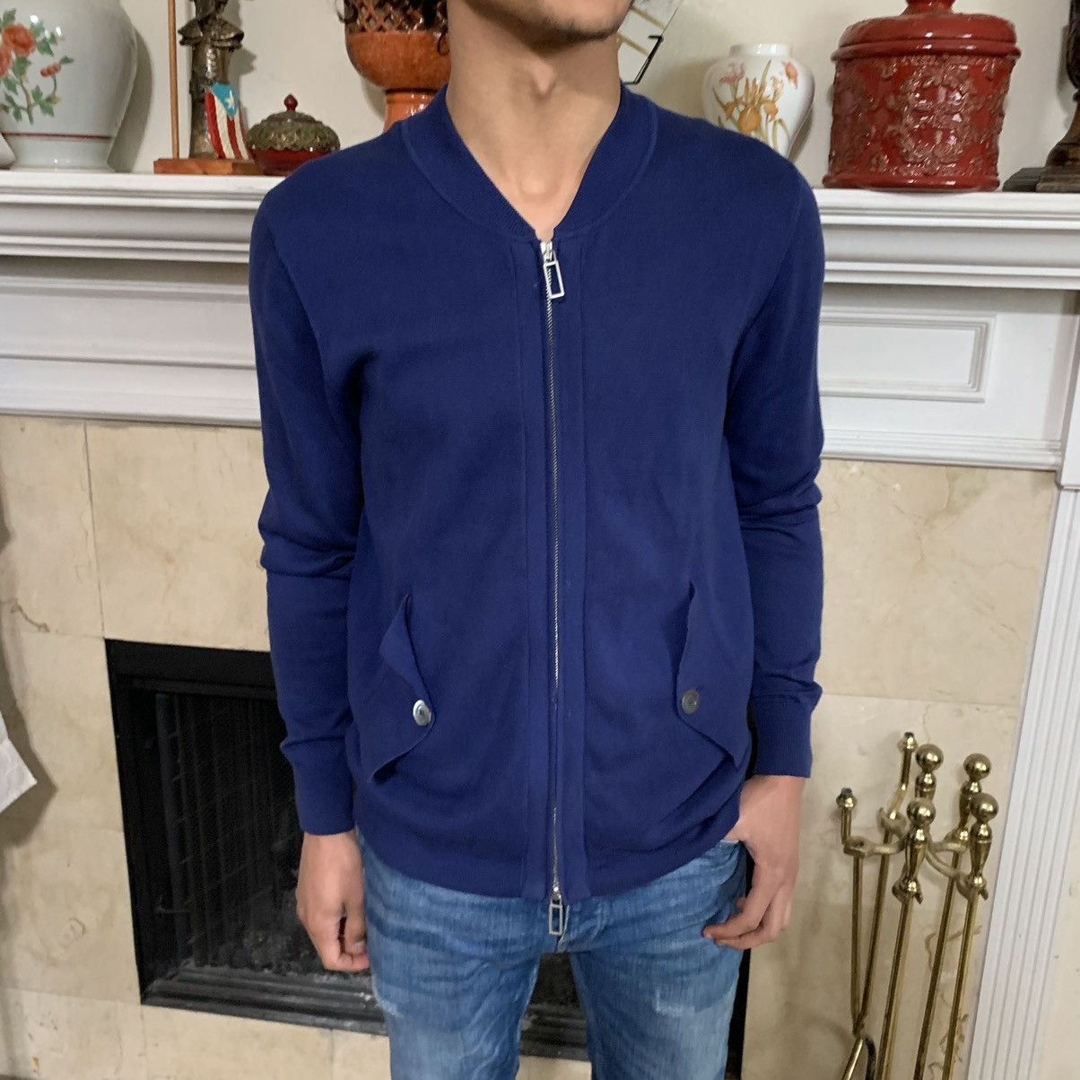 image of Paolo Pecora Zippered 2 Pocket Cotton Sweater in Blue, Men's (Size Small)