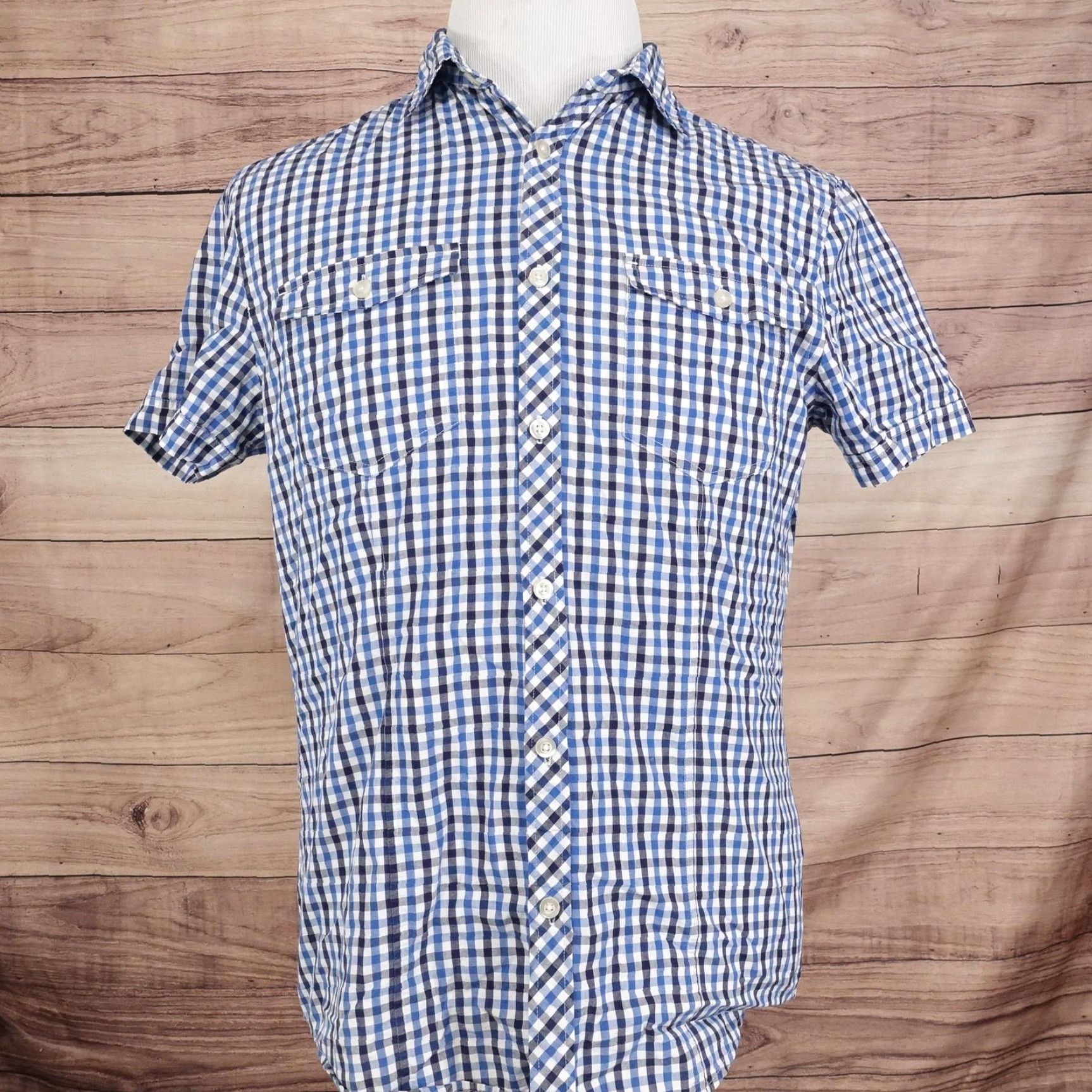H&M H&M Shirt Mens Medium Blue White Gingham Check Short Sleeve Button Front Cotton Shirt - Mens Size US M / EU 48-50 / 2 - 3 Thumbnail