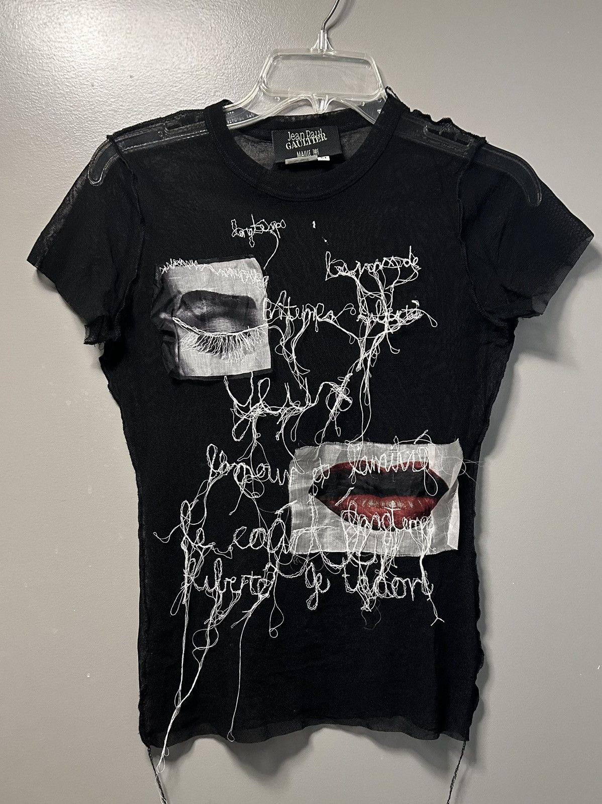 image of S/s2002 Jean Paul Gaultier Mesh Eye & Lip Top in Black, Men's (Size Medium)