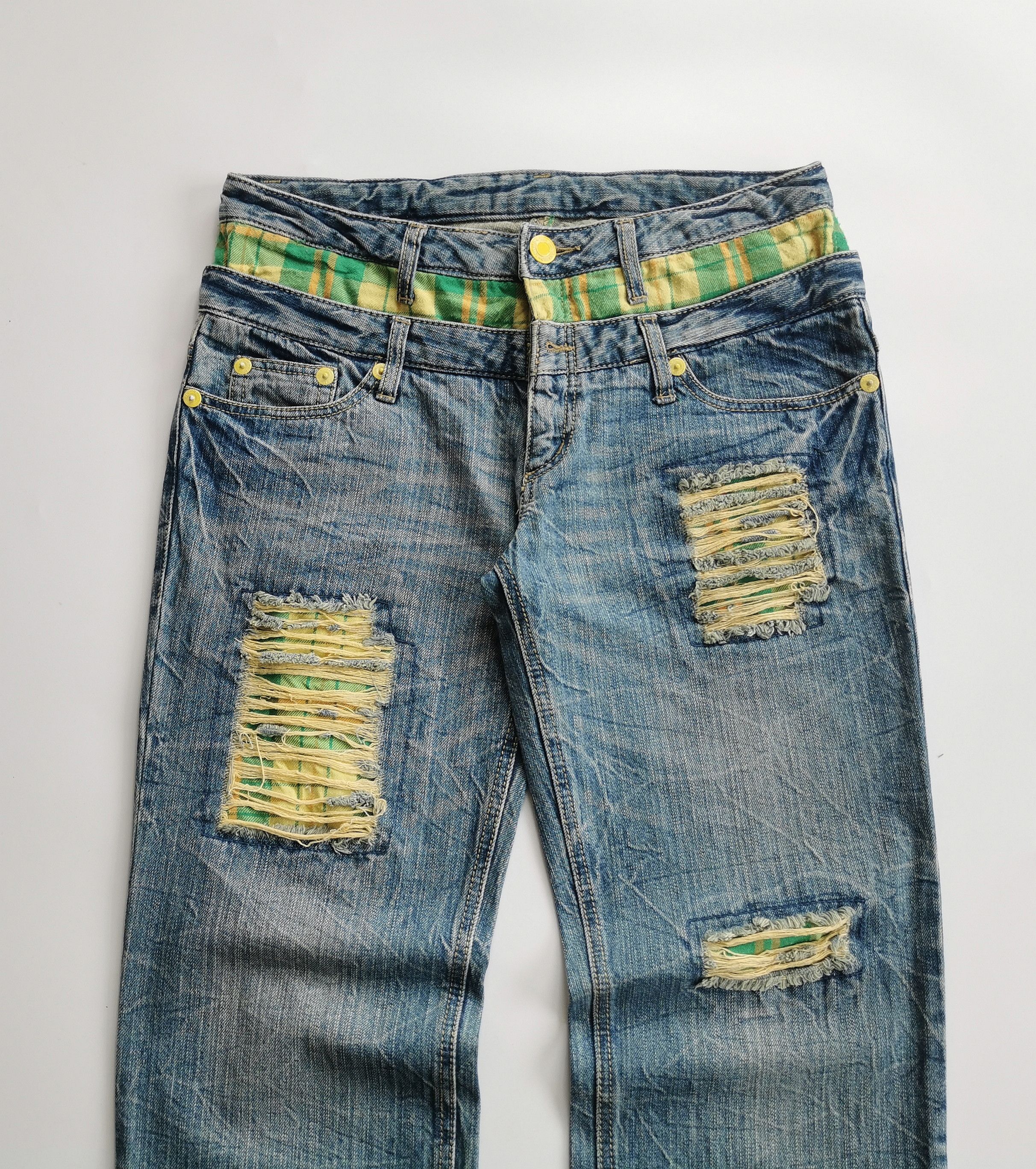 20471120 Vintage Japanese Double Waist Distressed Denim Jeans Size US 32 / EU 48 - 4 Thumbnail