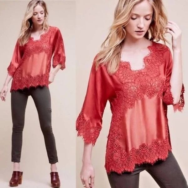 Anthropologie Anthro Moulinette Souers XS Shirt Top Blouse Orange Red Lace Size XS / US 0-2 / IT 36-38 - 8 Thumbnail