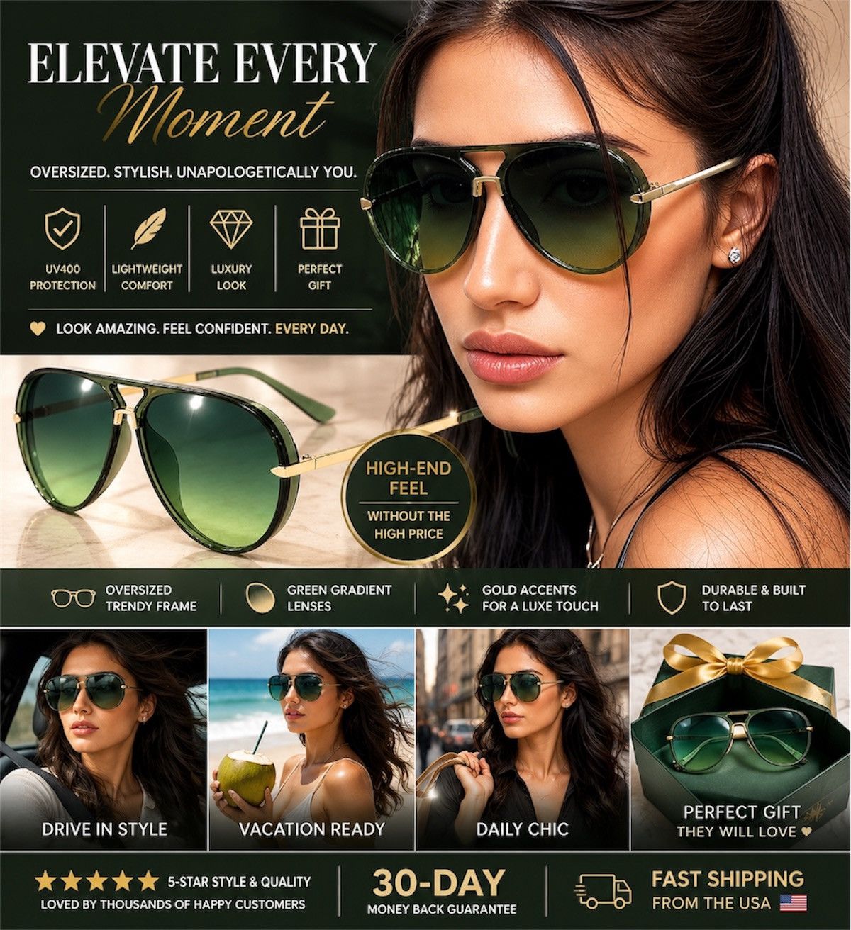 Other Women Oversized Green Gradient Sunglasses Gold Frame Fashion Size ONE SIZE - 6 Thumbnail