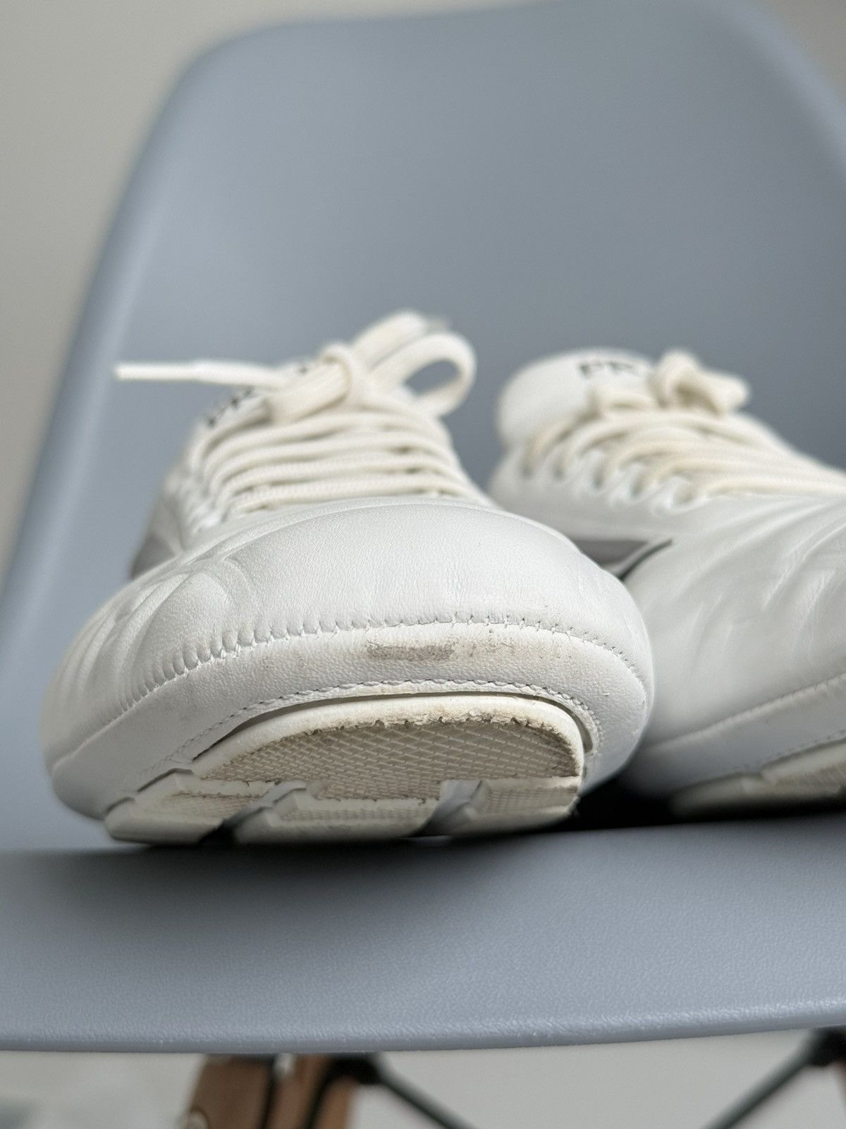 Prada Prada Rev Sneakers White Padded Leather Gray Stripe Low Top Size US 9 / IT 39 - 13 Thumbnail