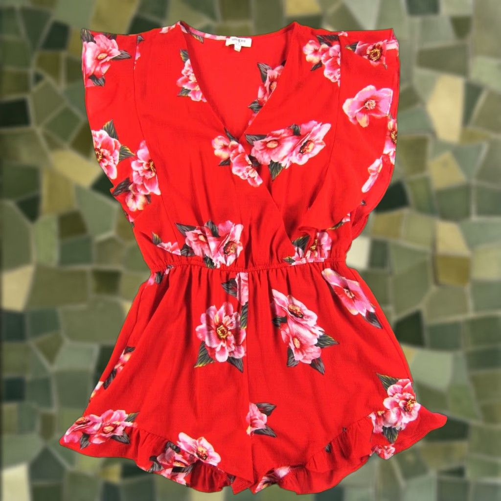 Vintage UMGEE USA Red Green Pink Rose Floral V-Neck Cap Sleeve Shorts Romper Jumpsuit L Size 36" / US 14 / IT 50 - 1 Thumbnail