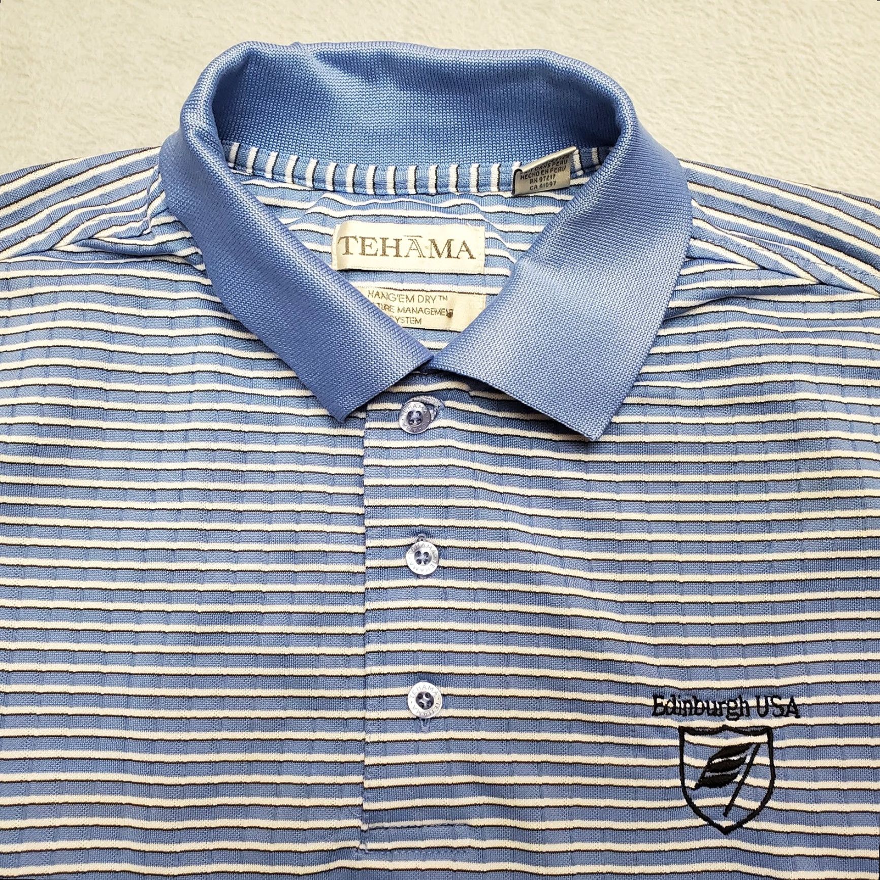 Vintage Tehama Shirt Mens L Blue Striped 100% Polyester Casual Performance Golf Polo Knit Button Collared Short Sleeve Mens Clothing Size US L / EU 52-54 / 3 - 4 Thumbnail