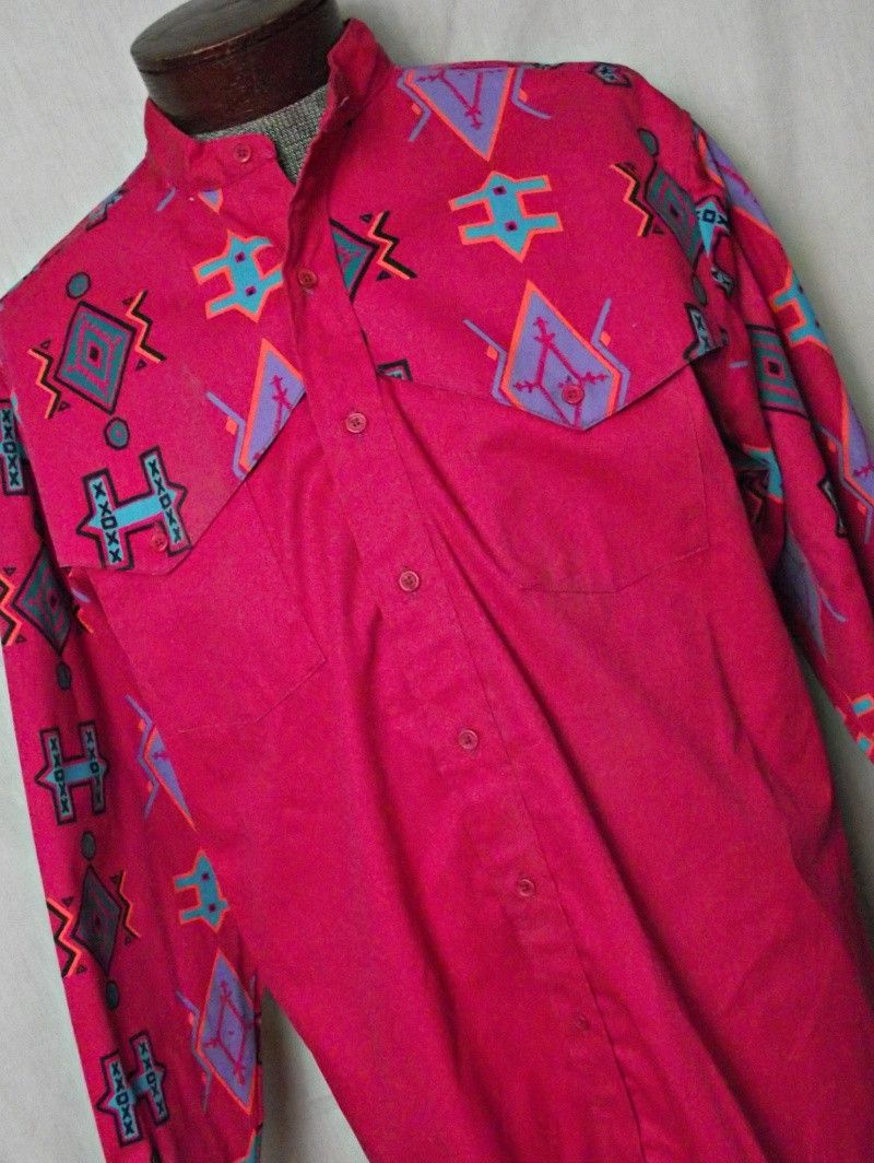 image of Wrangler 1980S Nos Brushpopper Western Shirt Pink Aztec Pattern, Men's (Size XL)