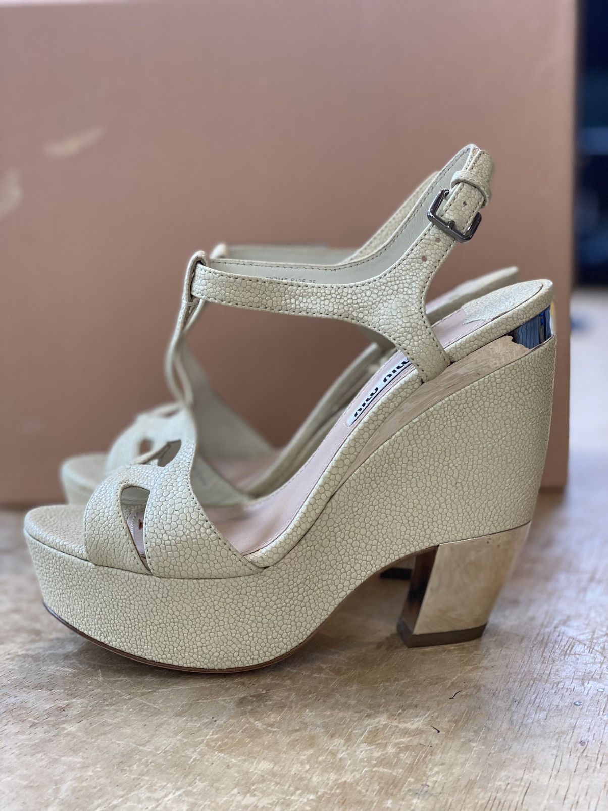 Miu Miu Miu Miu Leather Strap Block Heel Sandals Size US 4 / IT 34 - 1 Thumbnail