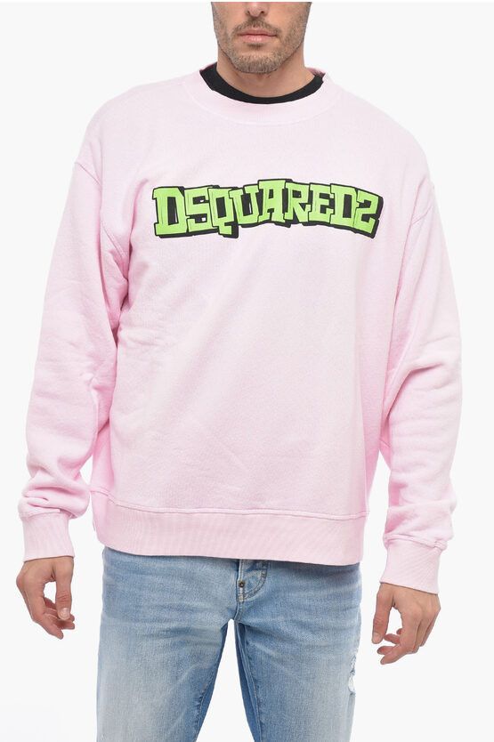 image of Dsquared2 Crew Neck Brushed Cotton Sweatshirt With Printed Logo in Pink, Men's (Size Small)