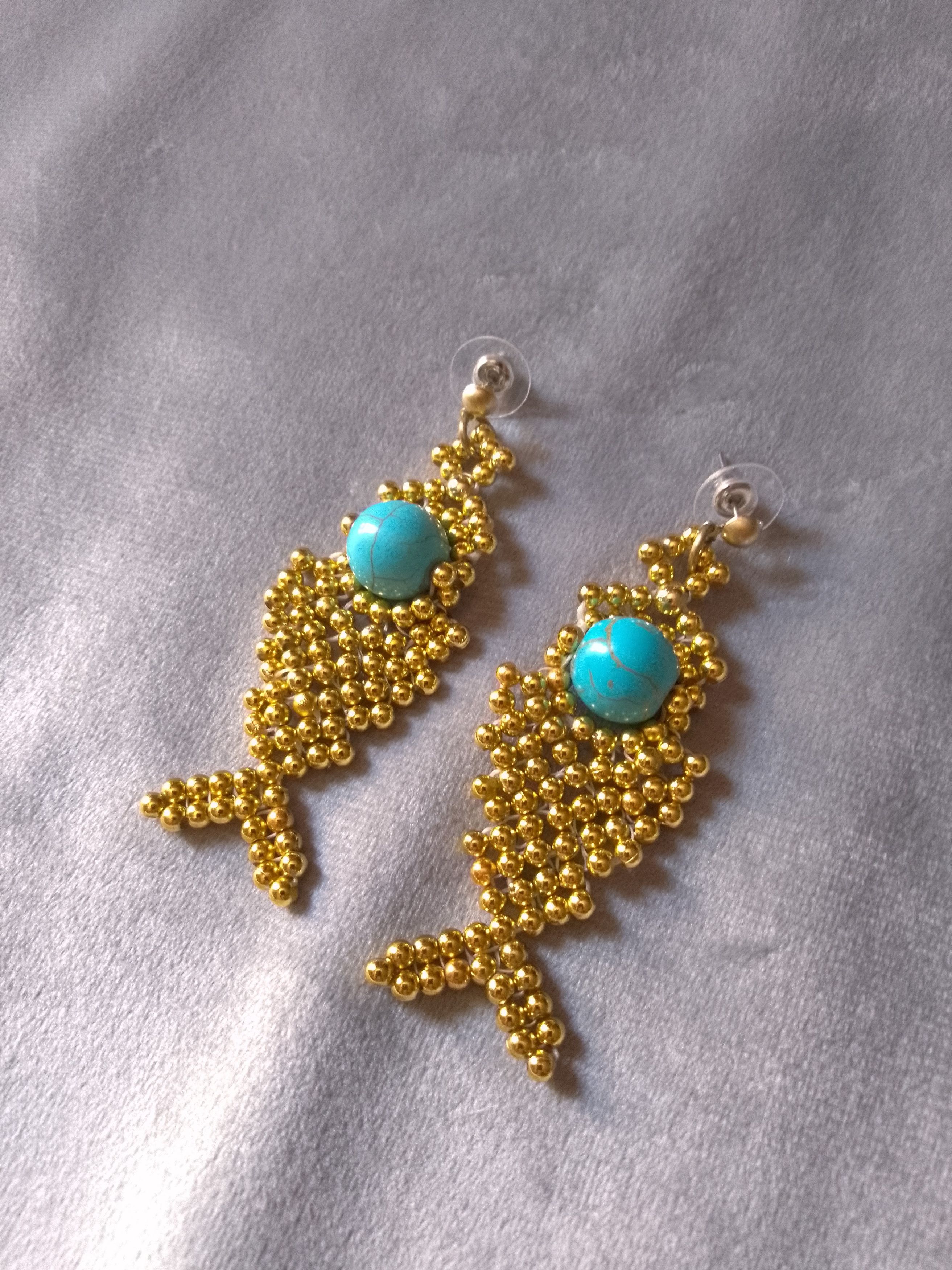 Handmade Golden Fishbone earrings natural turquoise gemstones Size ONE SIZE - 1 Thumbnail