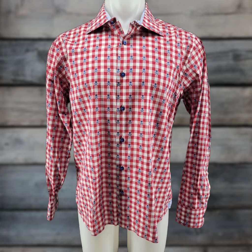 Vintage Aldrich Shirt Men’s Large Plaid Red Blue Skull Button-Up Long Sleeve Shirt – No Pocket, Casual Workwear, Vintage? No (Adapted) Size US L / EU 52-54 / 3 - 1 Thumbnail