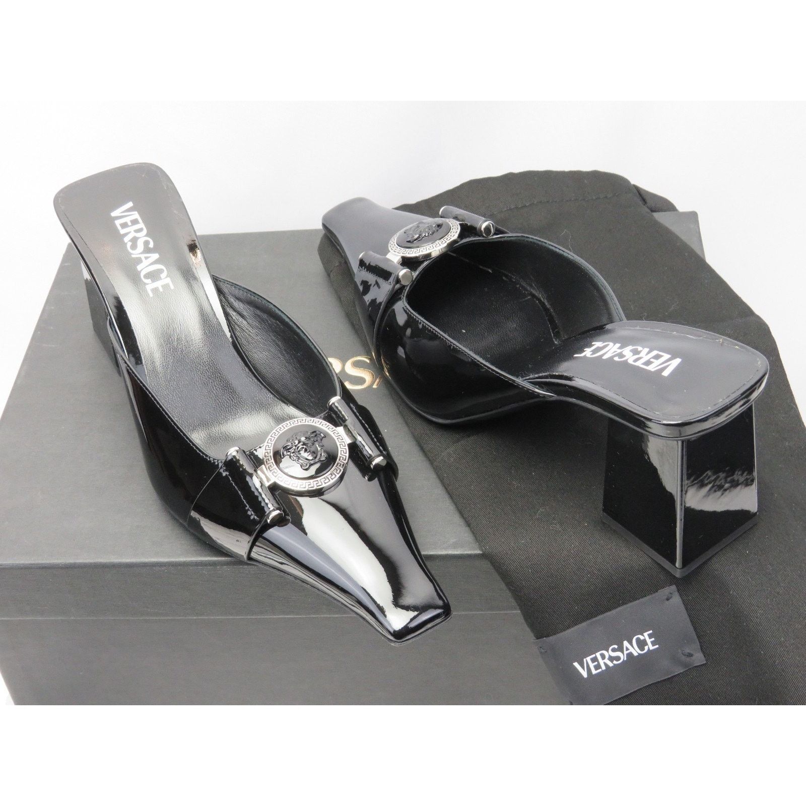 Versace VERSACE BLACK PATENT LEATHER COIN MEDUSA SANDALS PUMPS 37.5 Size US 7.5 / IT 37.5 - 6 Thumbnail