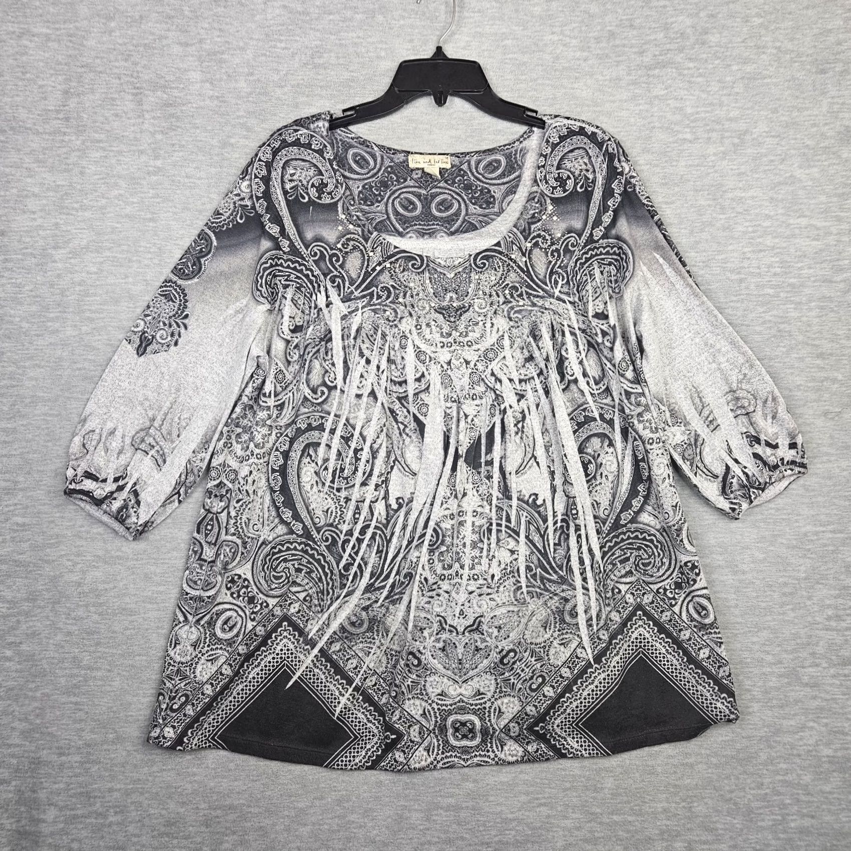 Olive Live And Let Live Paisleys Rhinestone Embellished Women's Knit Top 1X Blouse 3/4 Sleeve Multicolor Knit Shirt Womens Plus Size Size XL / US 12-14 / IT 48-50 - 2 Thumbnail
