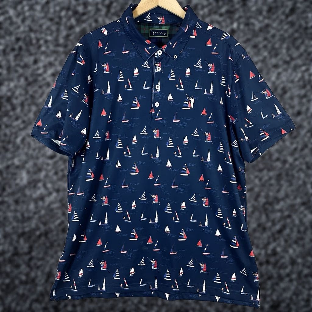 Vintage William Murray Polo Shirt Mens XL Blue Sail Boat Nautical Print Performance T356 Size US XL / EU 56 / 4 - 1 Thumbnail