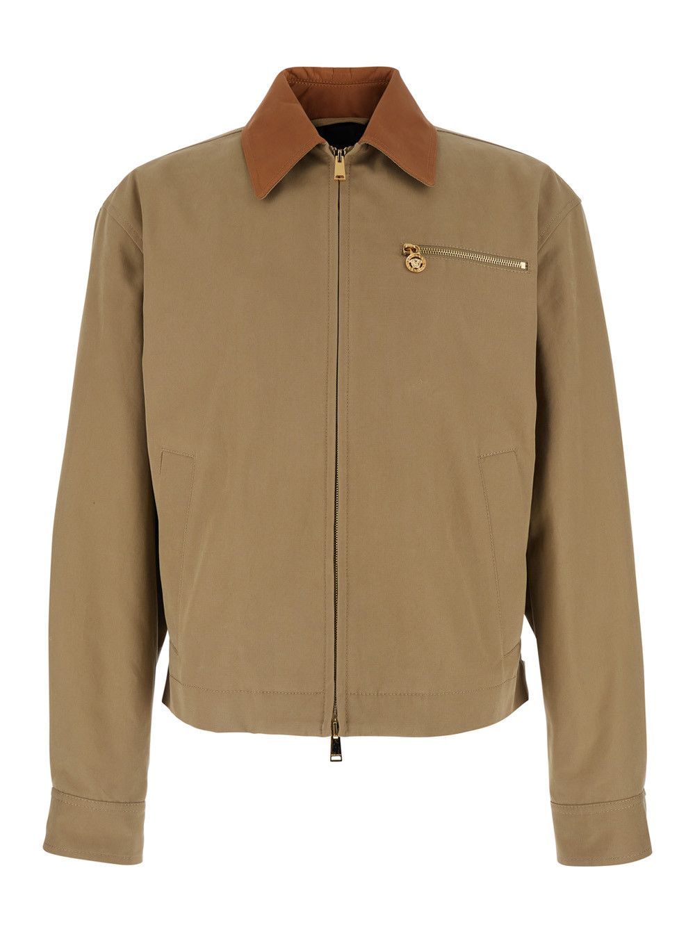 Versace Beige Jacket with Leather Collar and Medusa Head Metallic Detail in Cotton for Men Size US M / EU 48-50 / 2 - 1 Thumbnail