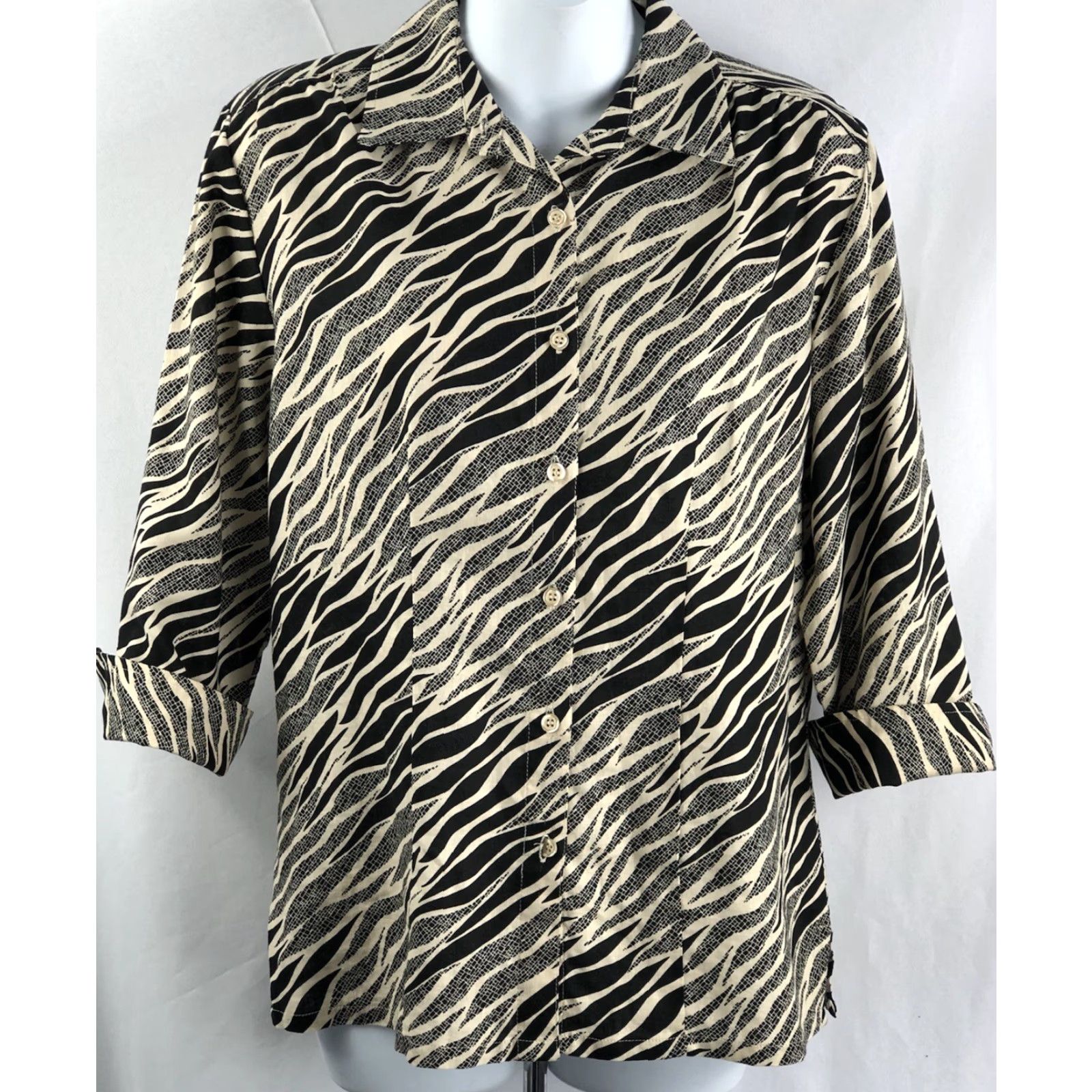 Vintage Jaclyn Smith Blouse Shirt S Black/Tan Zebra Animal Button Up 3/4 Sleeve Casual Workwear Women Size S / US 4 / IT 40 - 6 Thumbnail