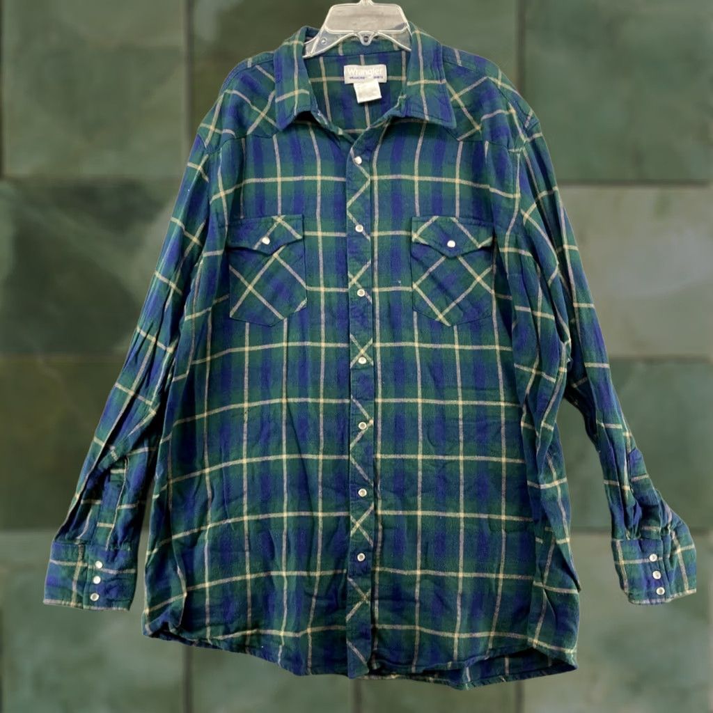 Wrangler Wrangler Wrancher Button-Down Long Sleeve Shirt Mens 2XT Blue Plaid Snaps Shirt Size US XXL / EU 58 / 5 - 1 Thumbnail