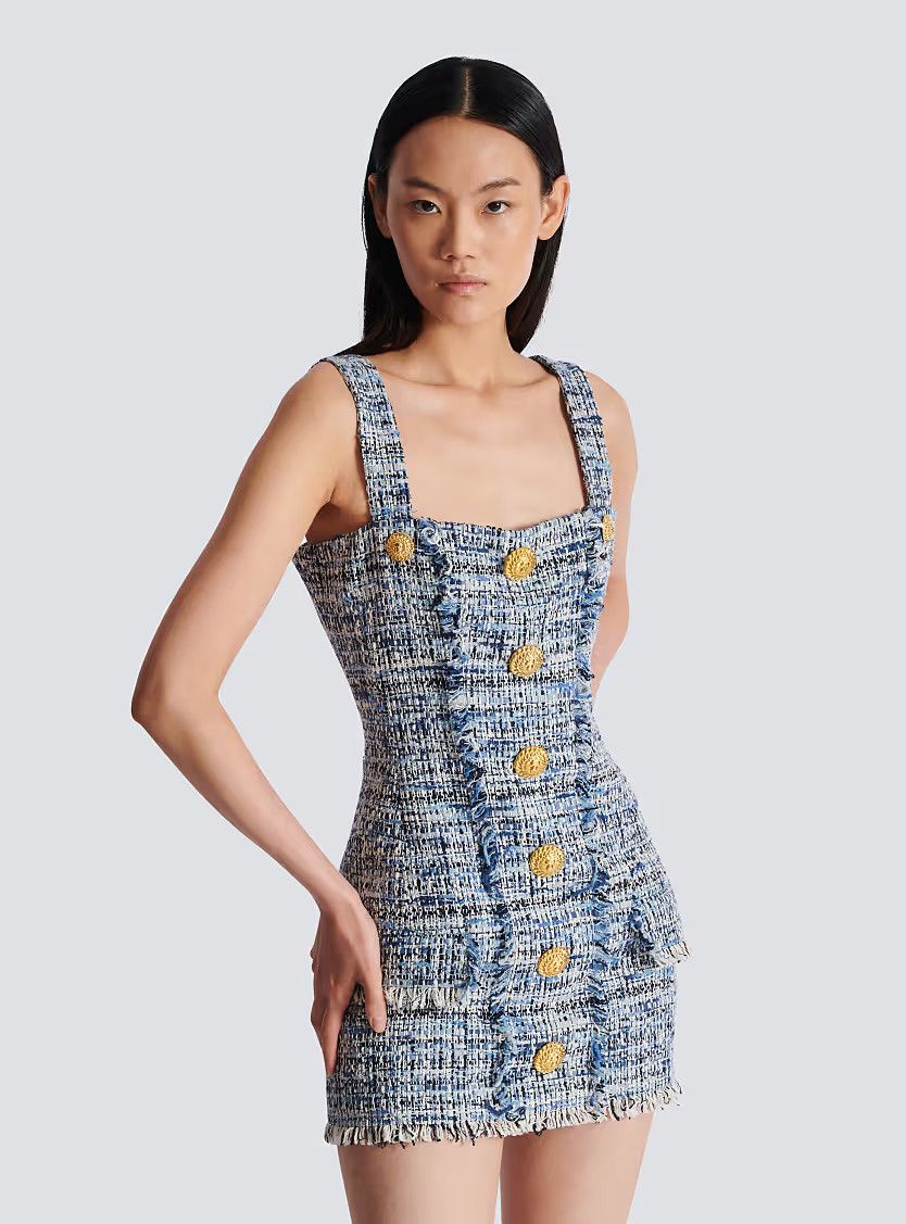 Balmain o1s1wg111225 Short Tweed Dress With Straps in Blue Size S / US 4 / IT 40 - 5 Thumbnail