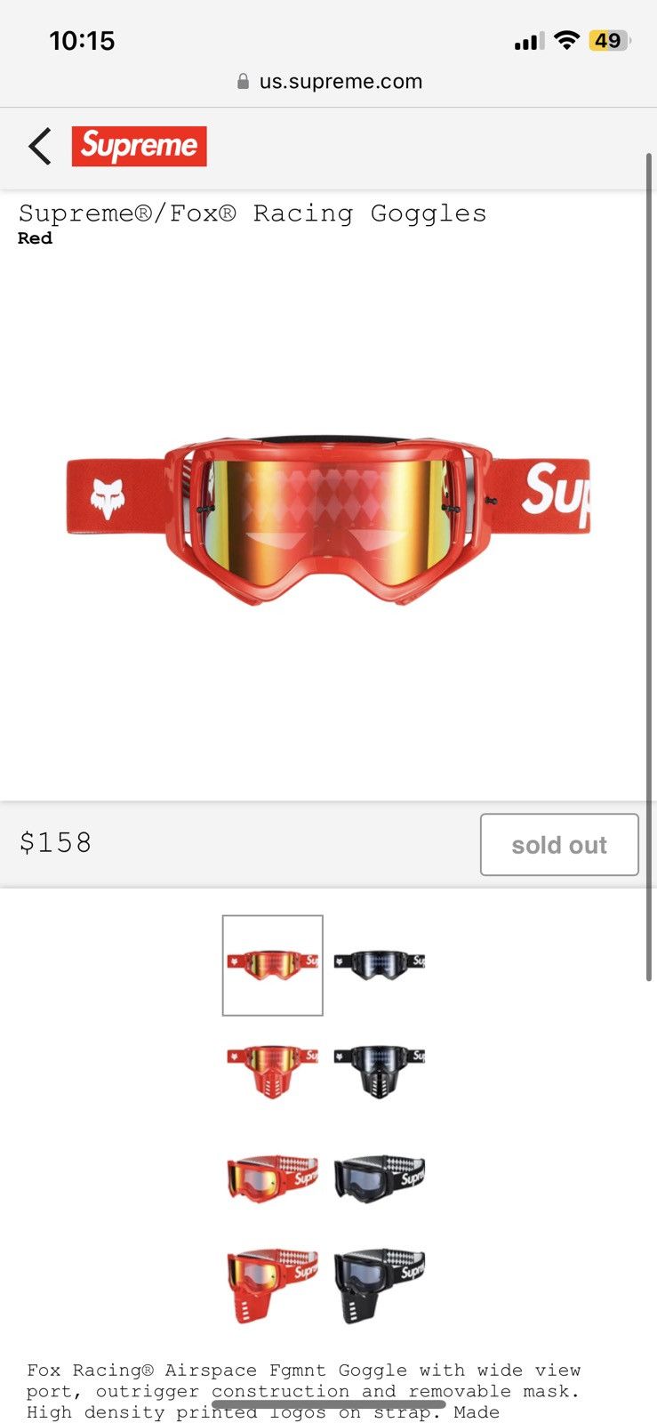 アウトレット専用商品 supreme honda fox racing vue goggles red ...