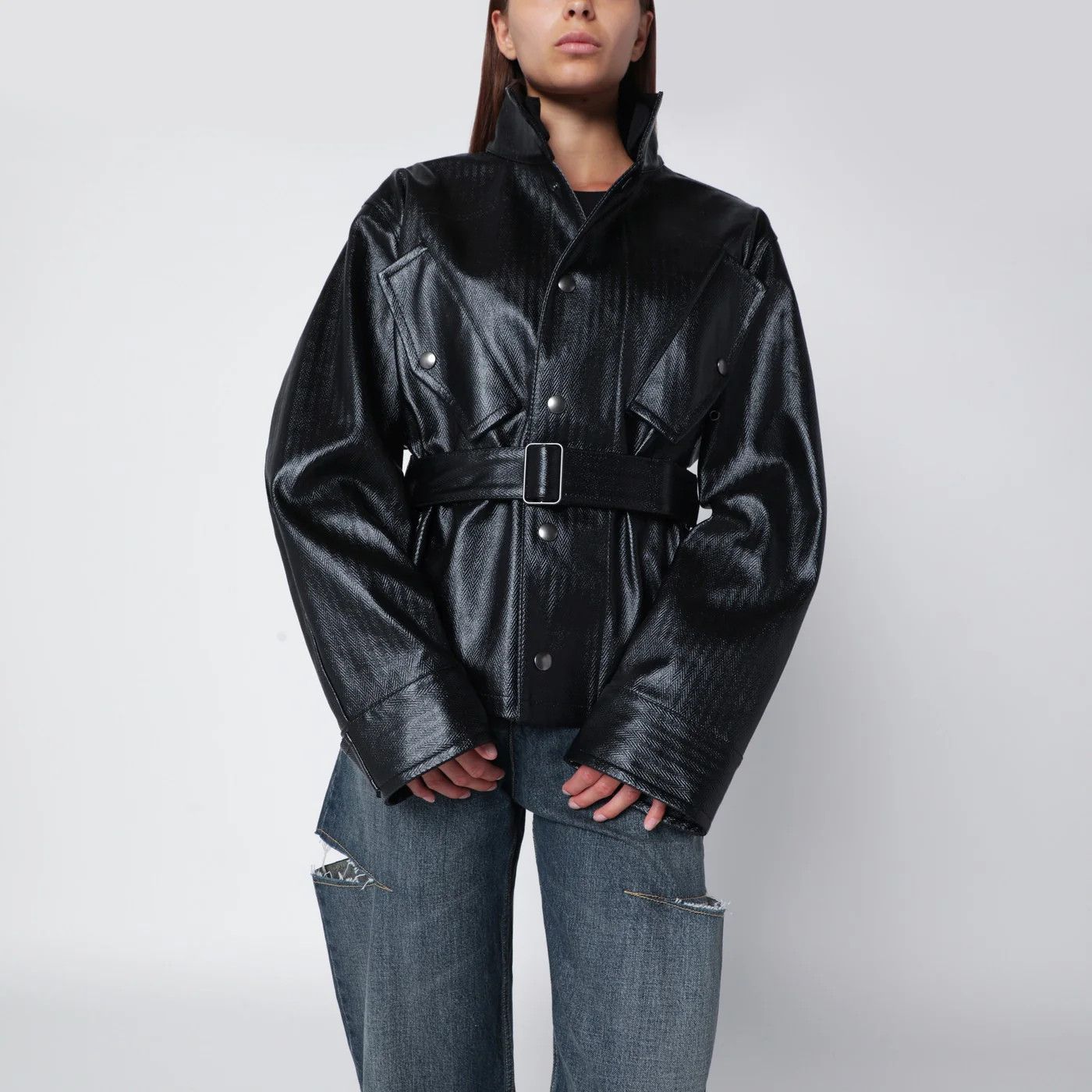 Maison Margiela o1d2blof0426 Cotton Laminated Belted Jacket in Black Size M / US 6-8 / IT 42-44 - 1 Thumbnail