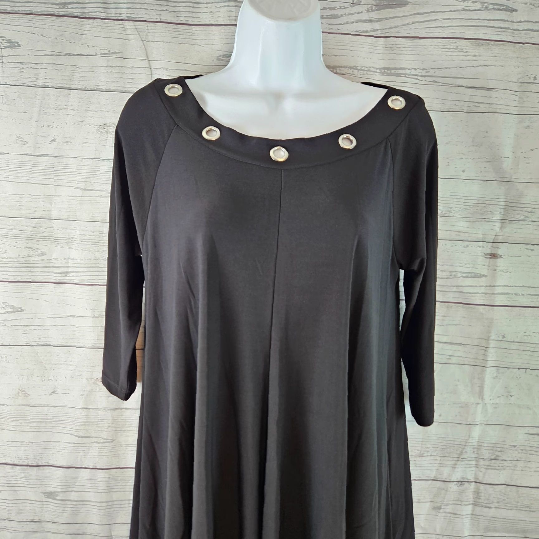 Vintage Sun Kim Womens Tunic M Solid Black 3/4 Sleeve Grommets Shirt Womens Med Black Sun Kim Tunic Size M / US 6-8 / IT 42-44 - 2 Thumbnail
