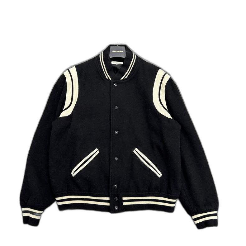 Saint Laurent Paris SLP Black and White Leather-Paneled Varsity Jacket- Size US XL / EU 56 / 4 - 1 Thumbnail