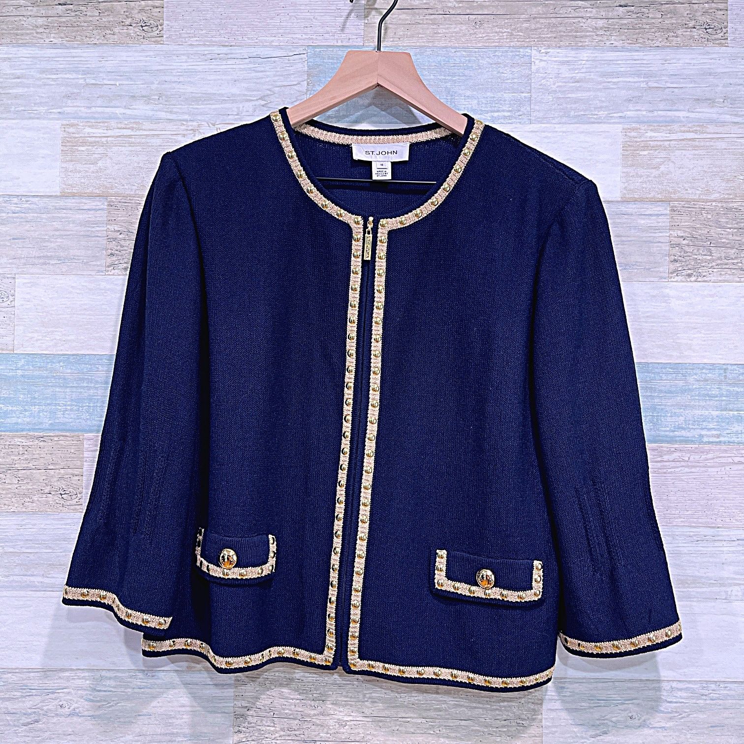 St. John ST JOHN Tweed Lady Jacket Blue Gold Studded Trim Womens 10 Size L / US 10 / IT 46 - 1 Thumbnail