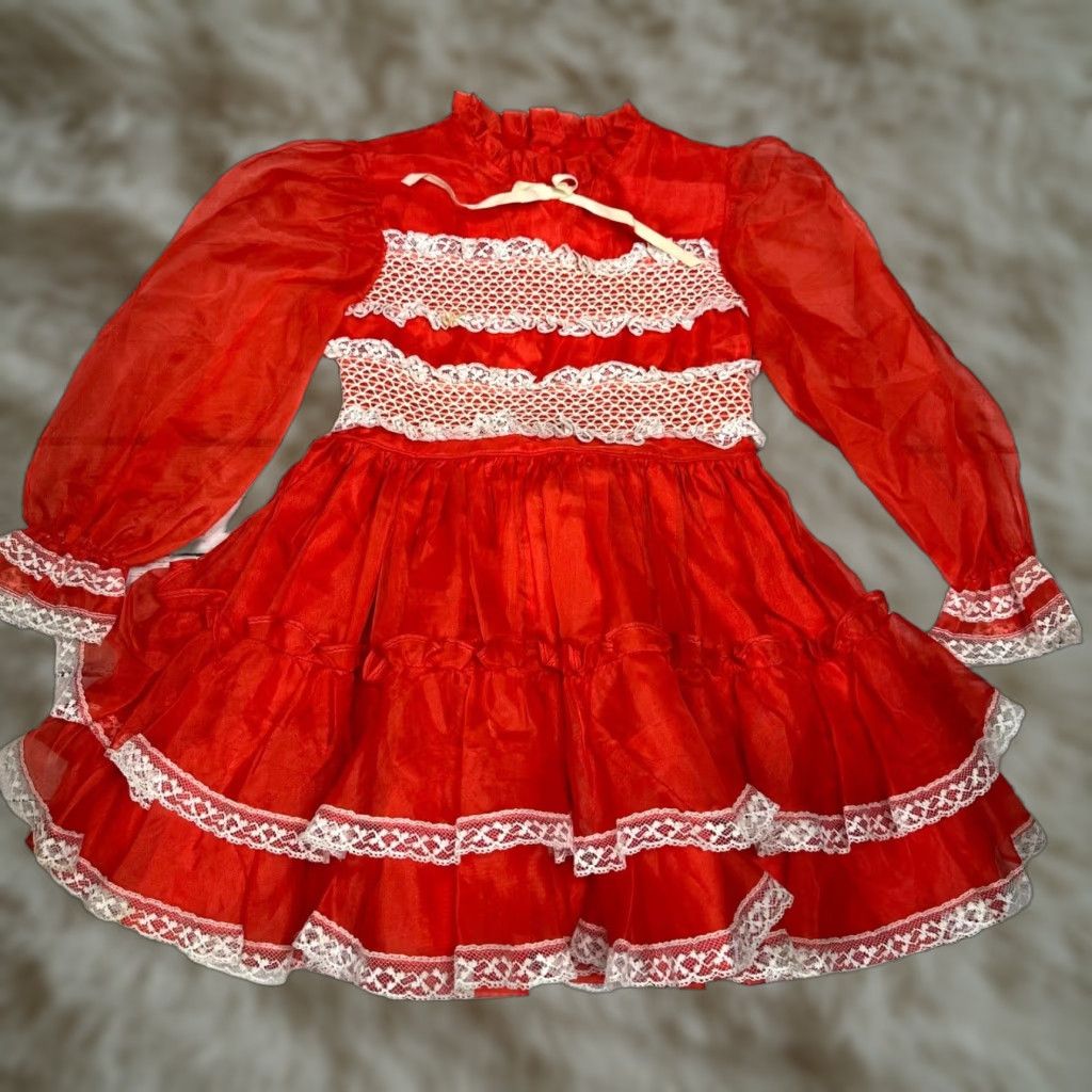 Vintage Vtg Martha's Miniatures Girls Ruffled Circle Dress Size 6 Red Lace Trim Long Slv Size ONE SIZE - 1 Thumbnail