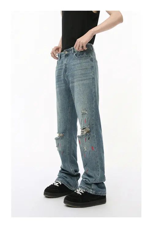 Japanese Brand × Jean Street retro colorful graffiti ripped flared washed jeans Size US 32 / EU 48 - 4 Thumbnail