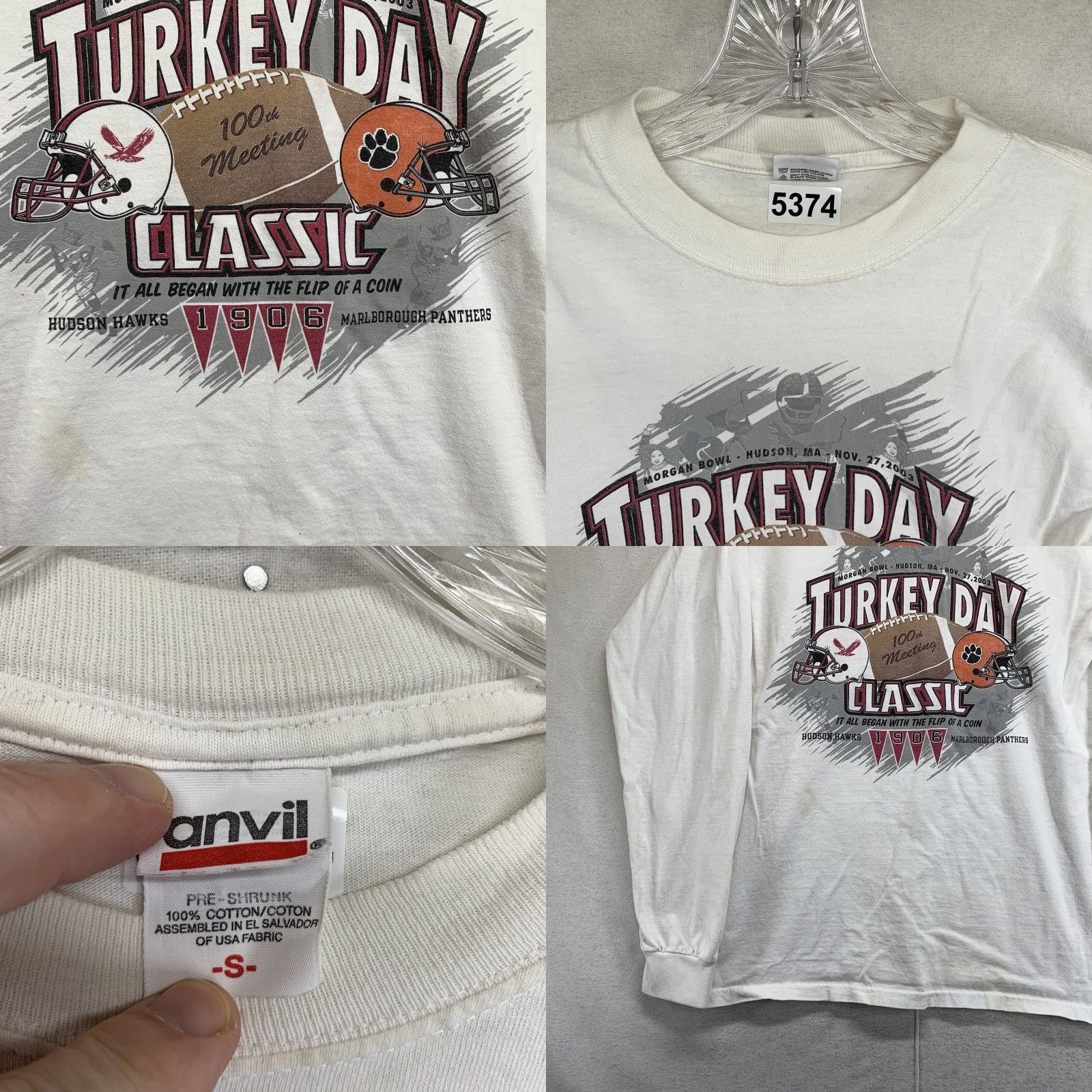 Anvil VINTAGE Anvil Football T-Shirt Unisex Adults Small White Jersey 2003 Turkey Day Classic Morgan Bow Hudson Hawks Marlborough Panthers Size US 29 - 8 Thumbnail
