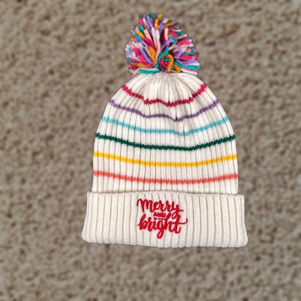 Vintage Top Drawer White Striped Beanie Women One Size Knit Acrylic Pom Outdoor Ski Size ONE SIZE - 1 Thumbnail
