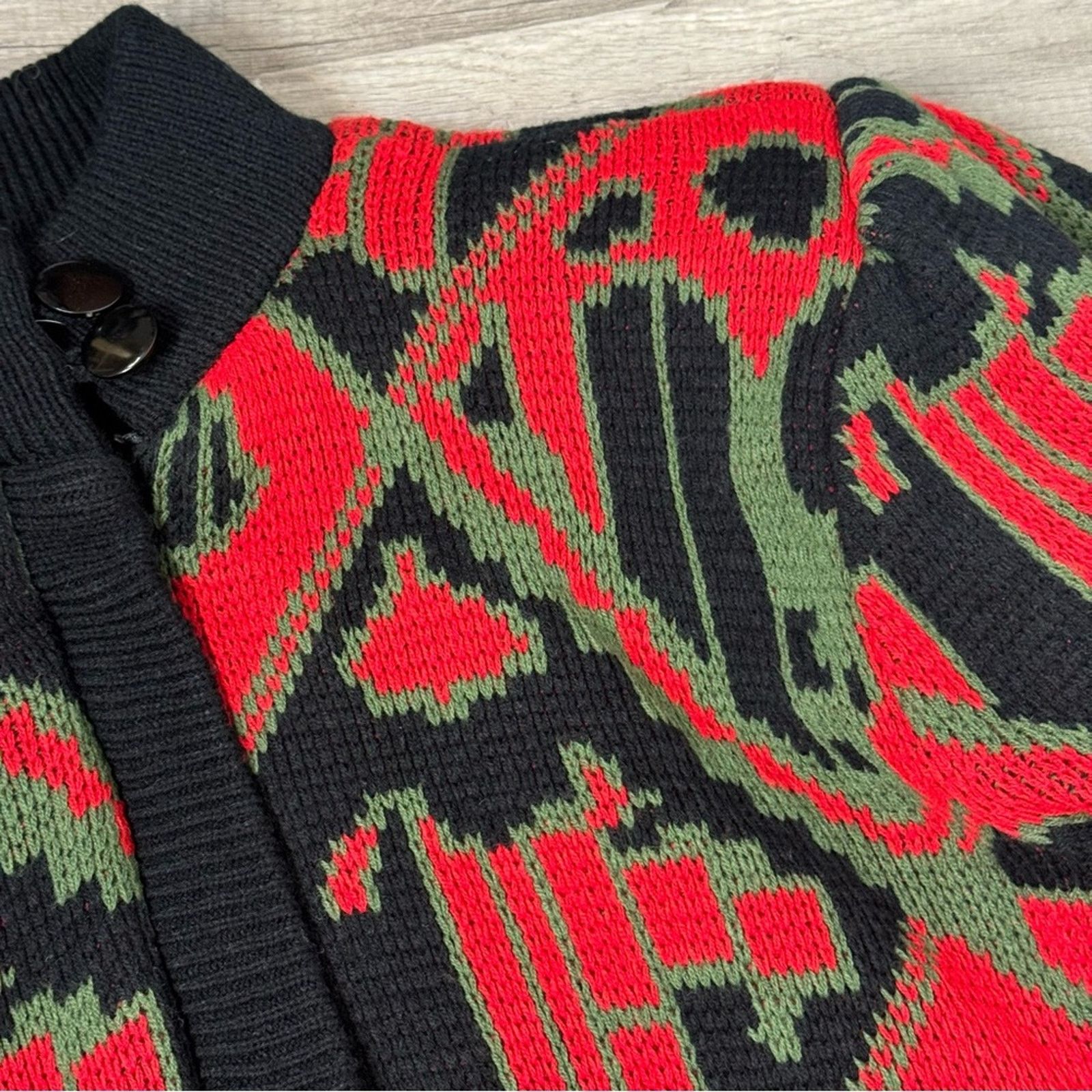Vintage Vintage 80s Abstract Knit Bomber Jacket Red Green Black Size US L / EU 52-54 / 3 - 5 Thumbnail