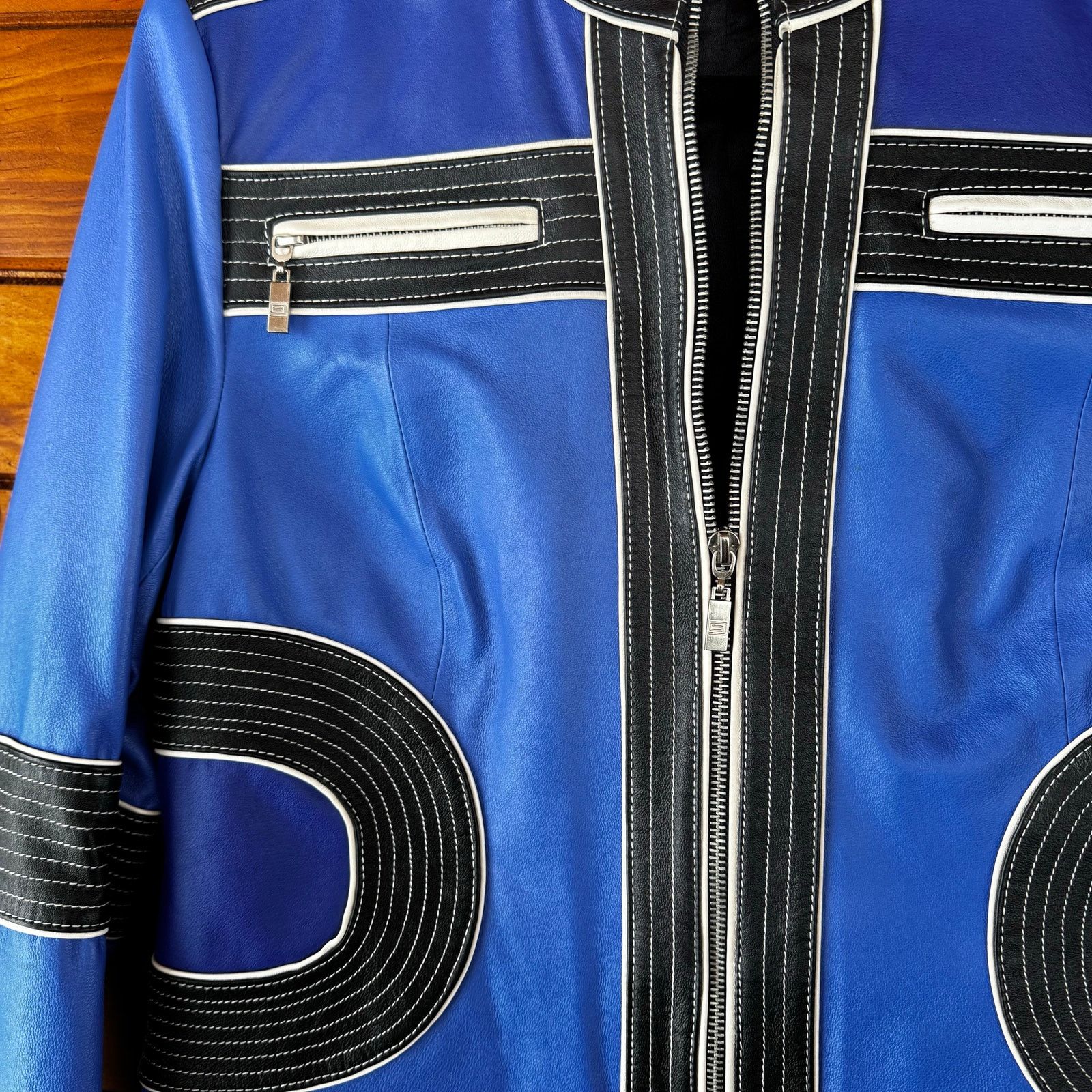 Vintage Vintage Y2K Pamela McCoy Moto Biker Blue Leather Jacket Size S / US 4 / IT 40 - 3 Thumbnail