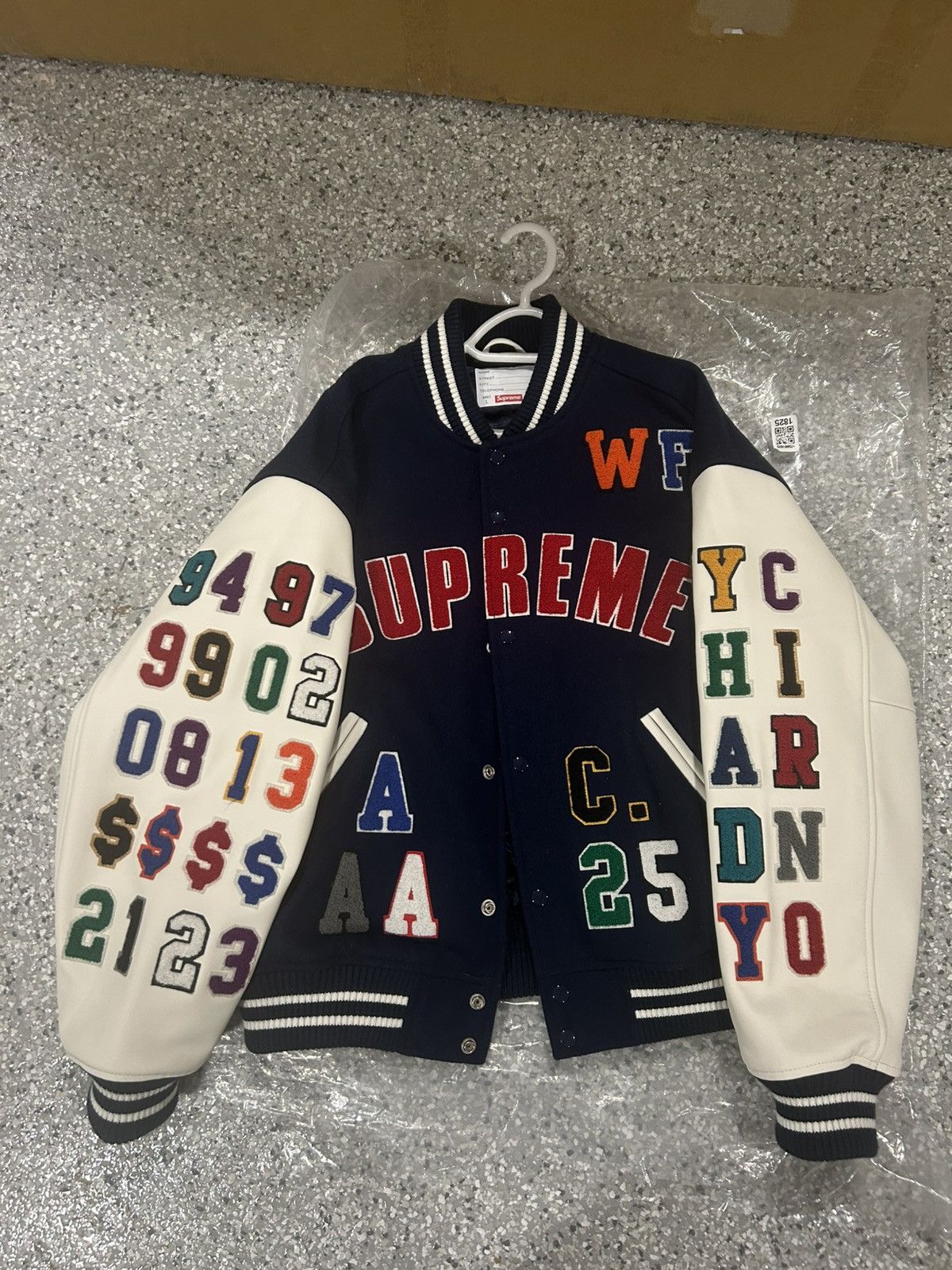 Supreme Praises Varsity Jacket Navy SS25 L BRAND NEW