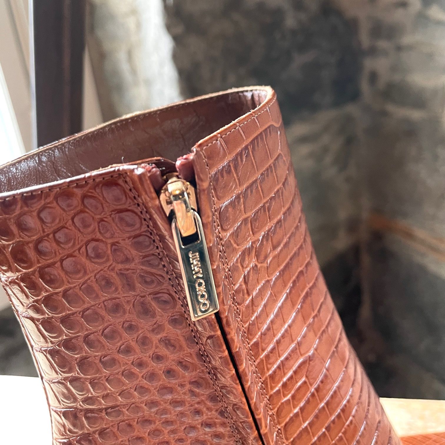 Jimmy Choo Jimmy Choo Brown Croc Embossed Minori Heeled Booties Size US 7.5 / IT 37.5 - 8 Thumbnail
