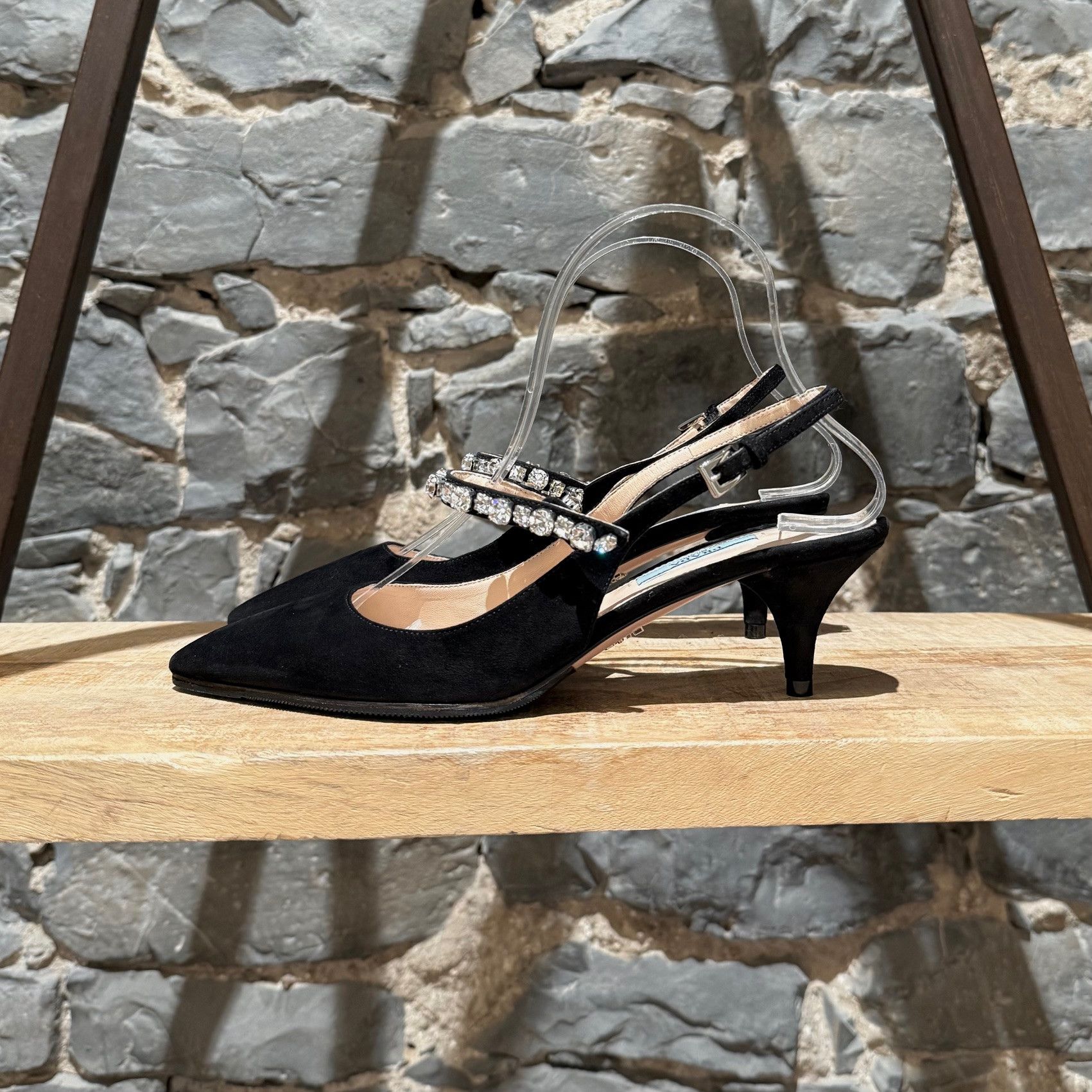 Prada Prada Black Suede Crystal Embellished Slingback Pumps Size US 7 / IT 37 - 6 Thumbnail