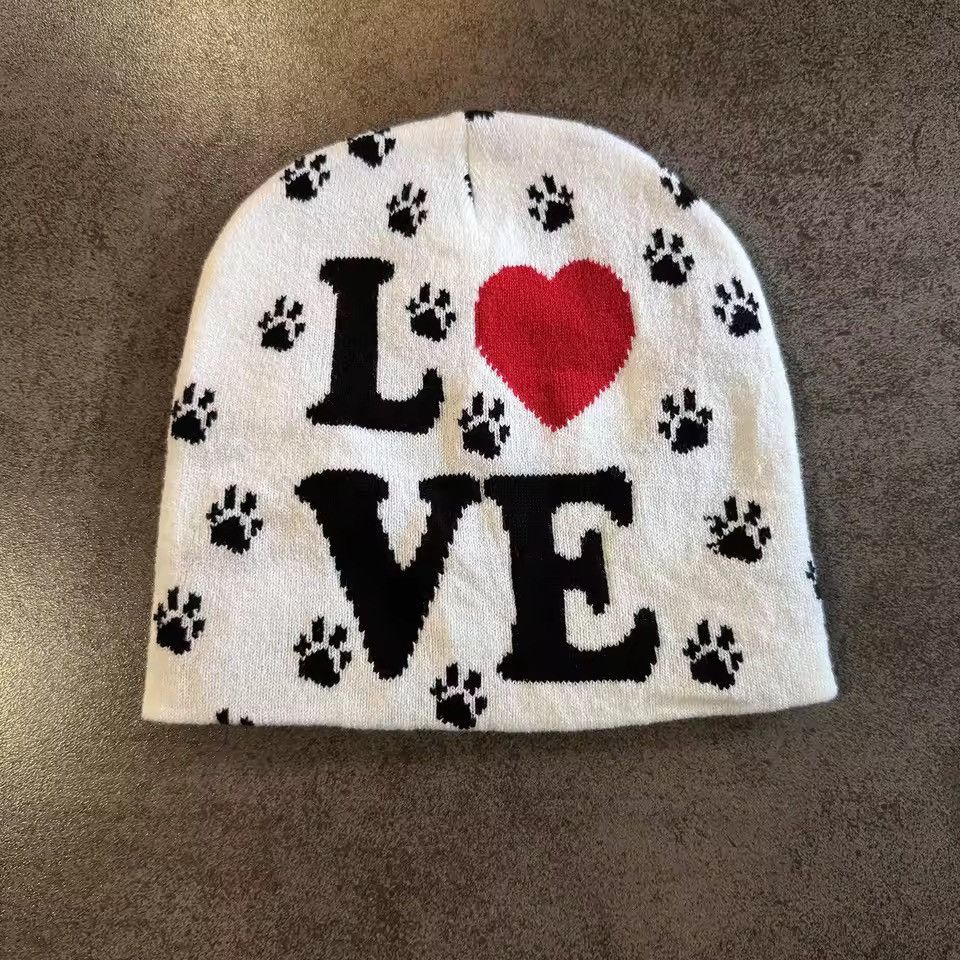 Japanese Brand Dog Paw Heart Knit Beanie - “LOVE" Graphic Hat Size ONE SIZE - 2 Thumbnail