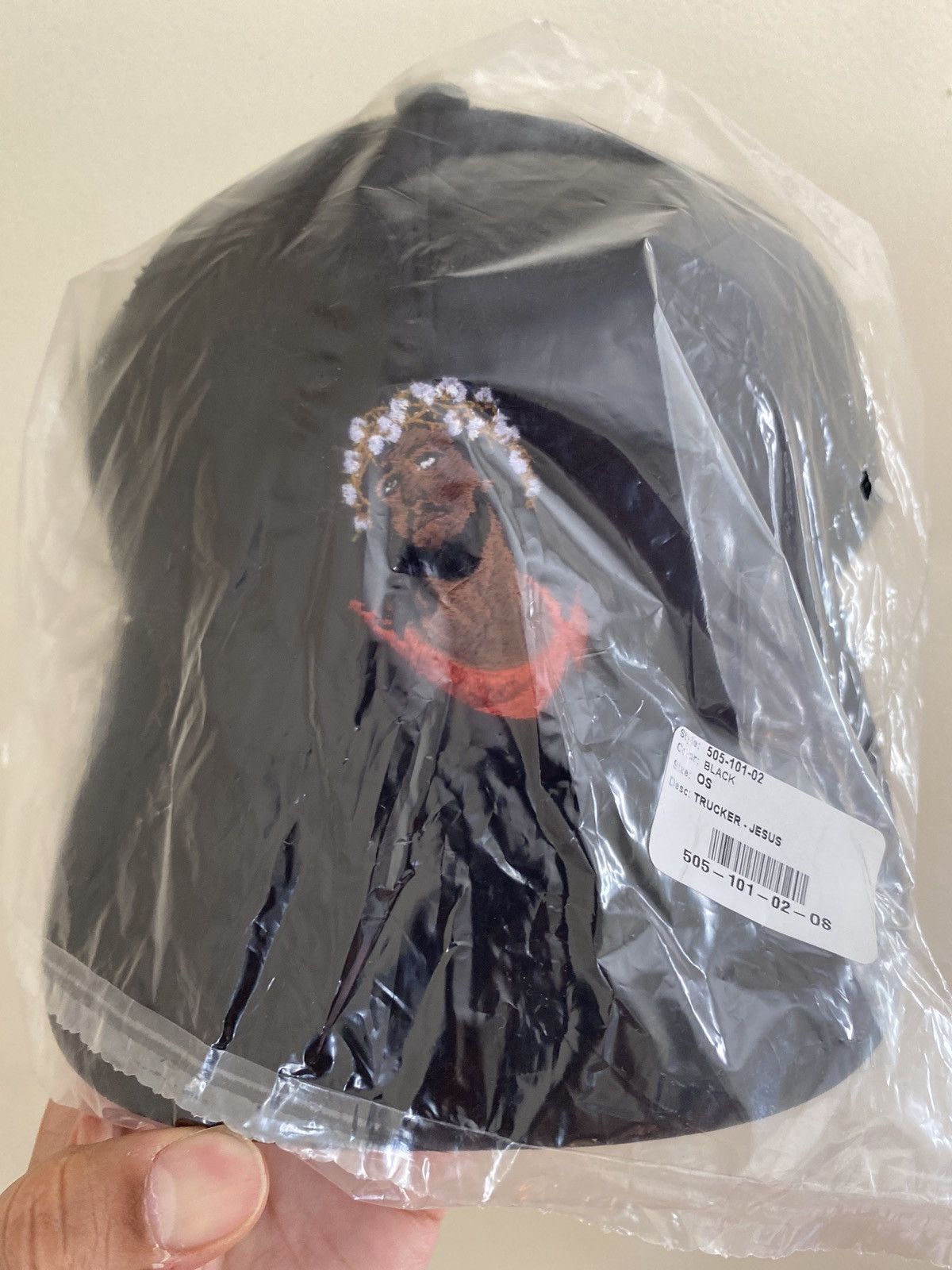 image of Denim Tears Crown Of Cotton Black Jesus Trucker Cap Hat Mesh, Men's