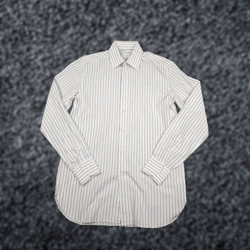 Ermenegildo Zegna Ermenegildo Zegna Dress Shirt Mens 43" Chest Striped White Beige Cotton Size 40R - 1 Thumbnail